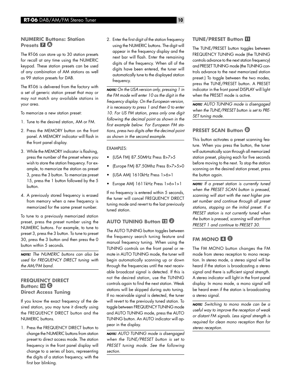 Numeric buttons: station presets, Frequency direct button: ￼ ￼direct access tuning, Auto tuning button | Tune/preset button, Preset scan button, Fm mono | ROTEL RT-06 User Manual | Page 10 / 89