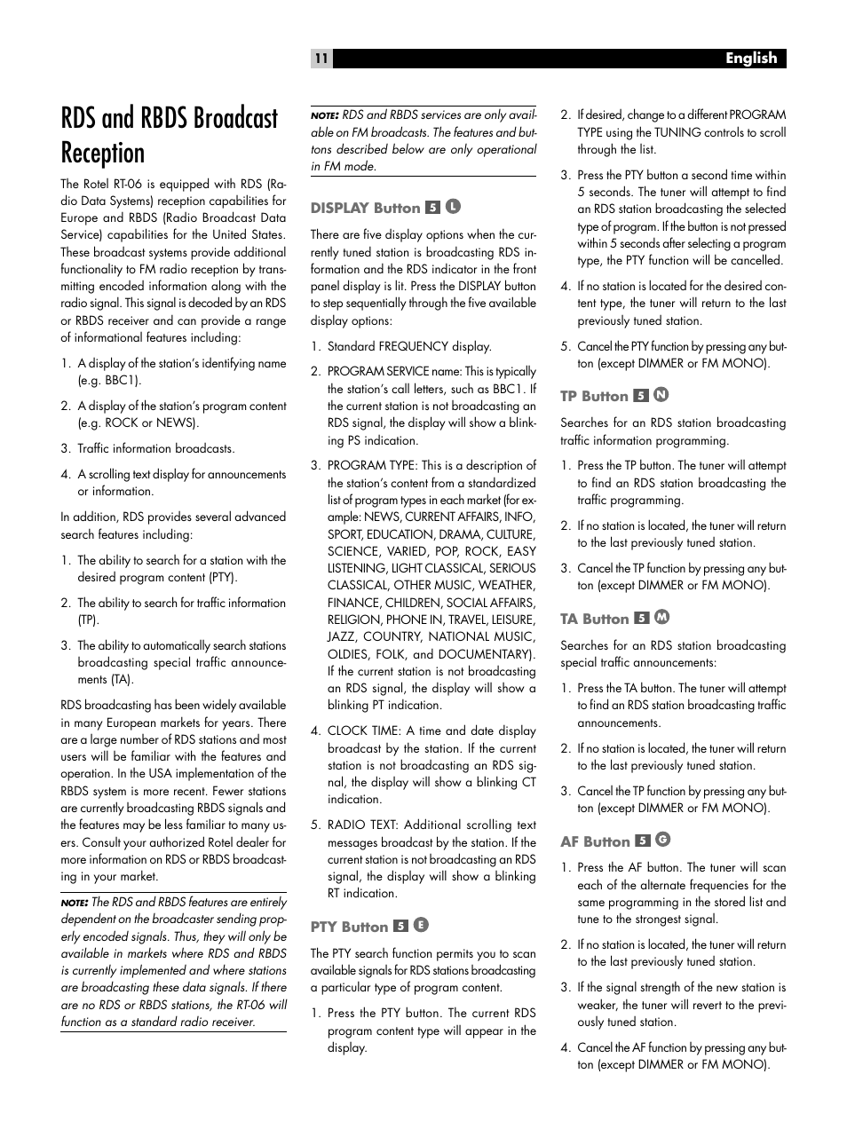 Rds and rbds broadcast reception, Display button, Pty button | Tp button, Ta button, Af button | ROTEL RT-06 User Manual | Page 11 / 89