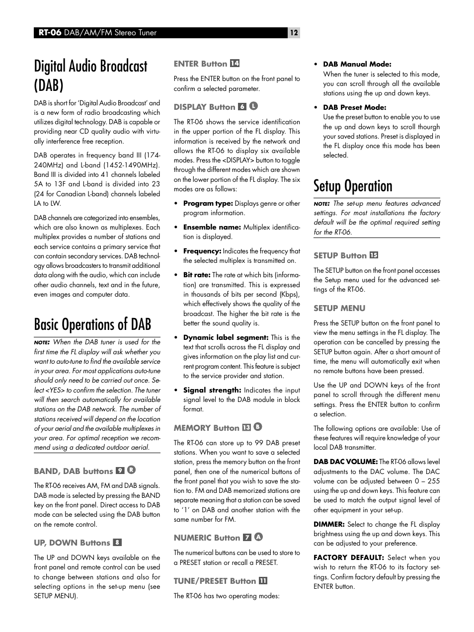 Digital audio broadcast (dab), Basic operations of dab, Band, dab buttons | Up, down buttons, Enter button, Display button, Memory button, Numeric button, Tune/preset button, Setup operation | ROTEL RT-06 User Manual | Page 12 / 89