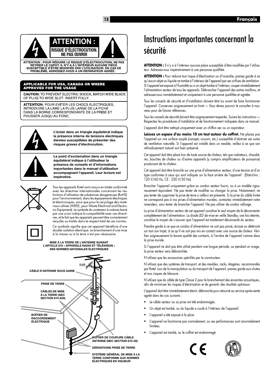 Instructions importantes concernant la sécurité, Attention, Français | ROTEL RT-06 User Manual | Page 15 / 89