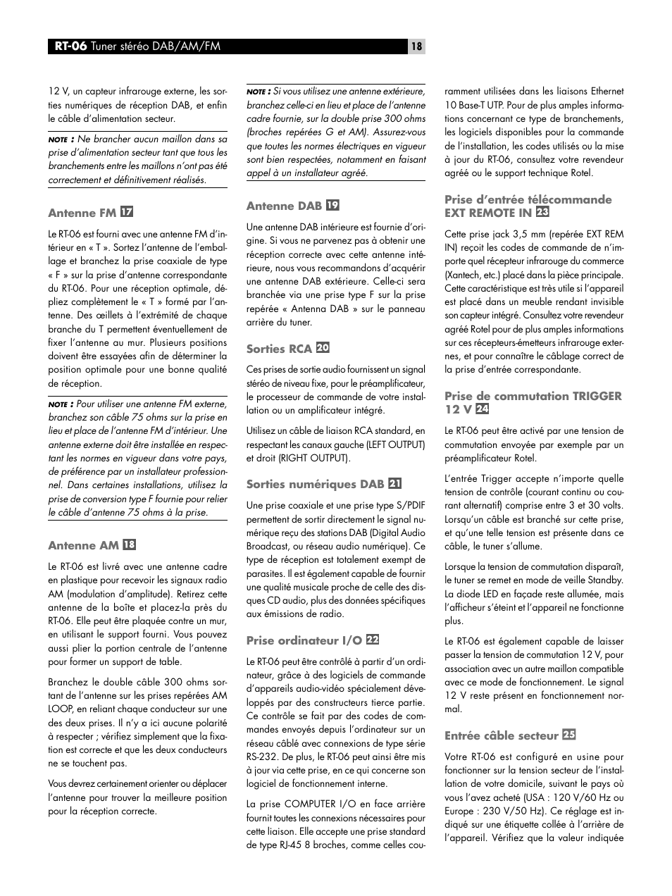 Antenne fm, Antenne am, Antenne dab | Sorties rca, Sorties numériques dab, Prise ordinateur i/o, Prise d’entrée télécommande ext remote in, Prise de commutation trigger 12 v, Entrée câble secteur | ROTEL RT-06 User Manual | Page 18 / 89
