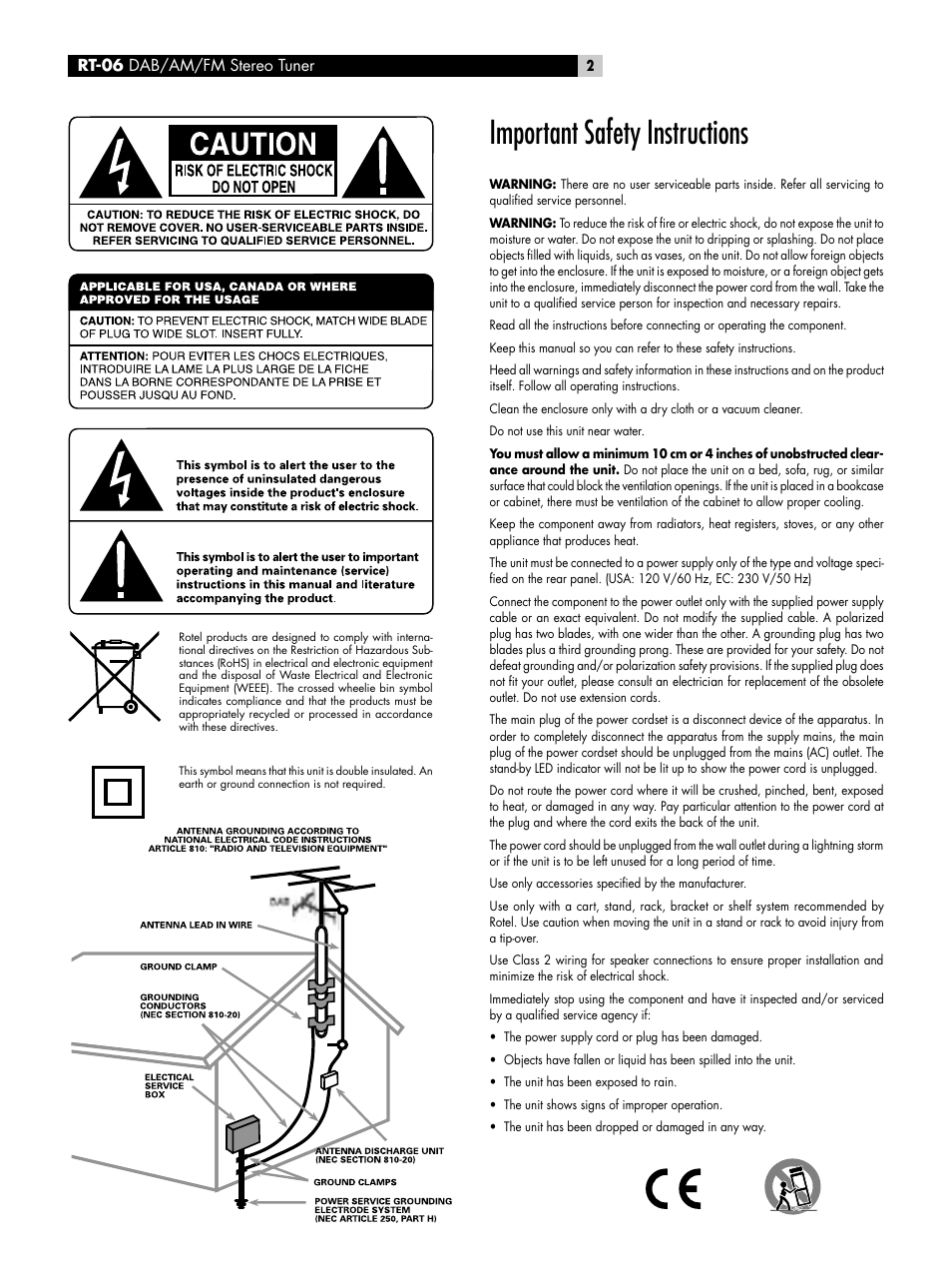 Important safety instructions | ROTEL RT-06 User Manual | Page 2 / 89