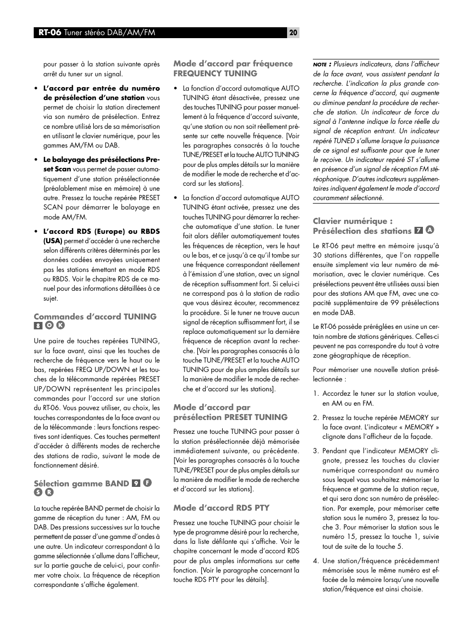 Commandes d’accord tuning, Sélection gamme band, Mode d’accord par fréquence frequency tuning | Mode d’accord par présélection preset tuning, Mode d’accord rds pty, Clavier numérique : présélection des stations, Stations | ROTEL RT-06 User Manual | Page 20 / 89