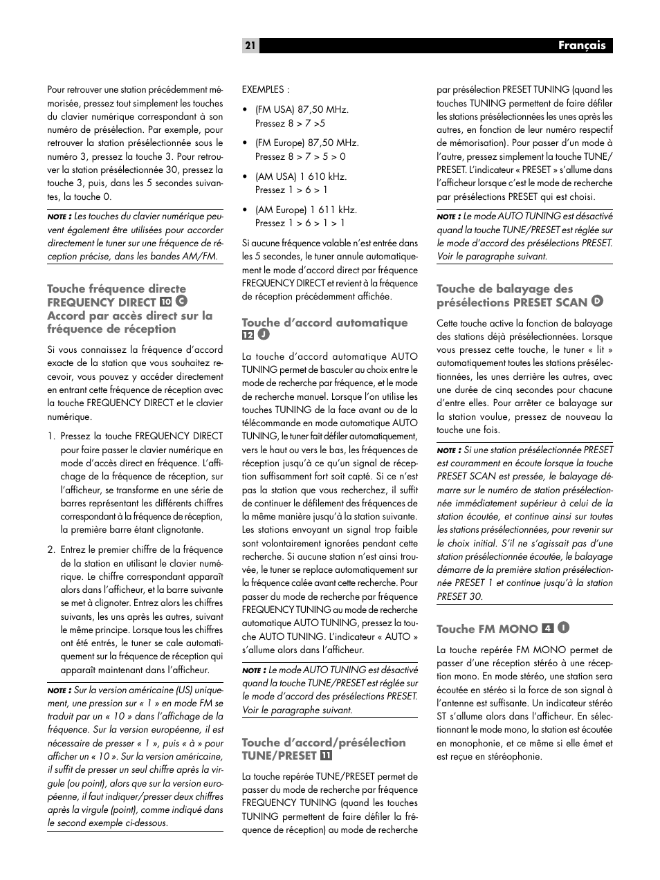 Touche d’accord automatique, Touche d’accord/présélection tune/preset, Touche de balayage des présélections preset scan | Touche fm mono, Touche fréquence directe frequency, Direct, Accord par accès direct sur la fréquence de, Tune/preset touche de balayage des présélections, Preset scan touche fm mono | ROTEL RT-06 User Manual | Page 21 / 89