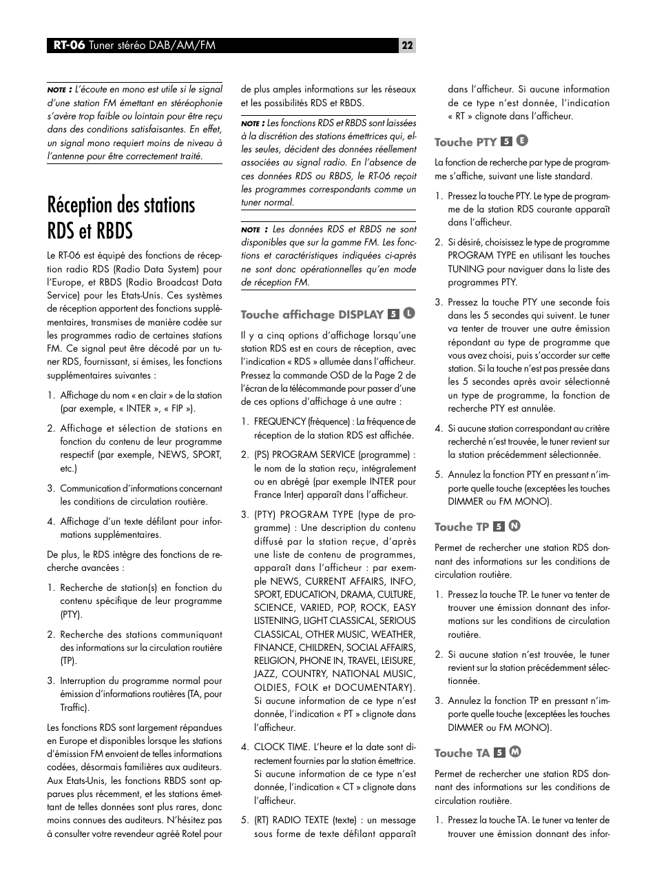 Réception des stations rds et rbds, Touche affichage display, Touche pty | Touche tp, Touche ta | ROTEL RT-06 User Manual | Page 22 / 89