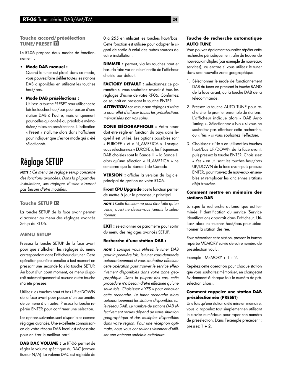 Touche accord/présélection tune/preset, Réglage setup, Touche setup | Menu setup, Réglage setup touche setup menu setup | ROTEL RT-06 User Manual | Page 24 / 89