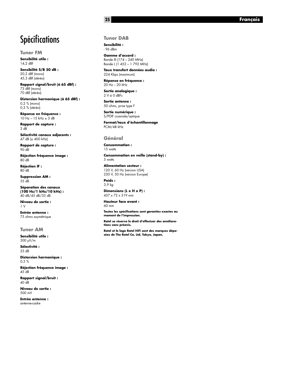 Spécifications, Spéciﬁcations, Français | ROTEL RT-06 User Manual | Page 25 / 89