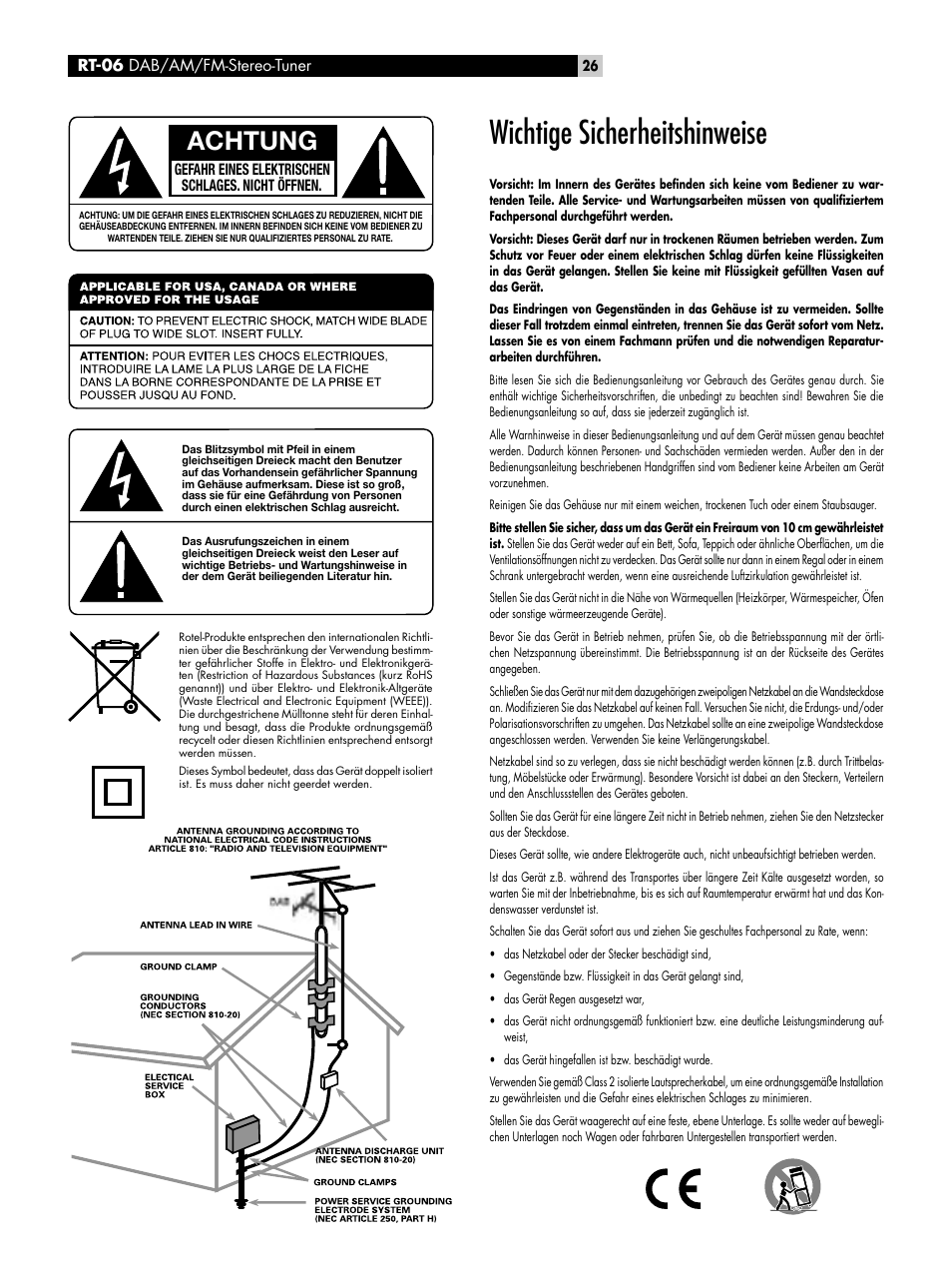 Wichtige sicherheitshinweise, Achtung, Rdv-1092 | Rt-06 dab/am/fm-stereo-tuner | ROTEL RT-06 User Manual | Page 26 / 89