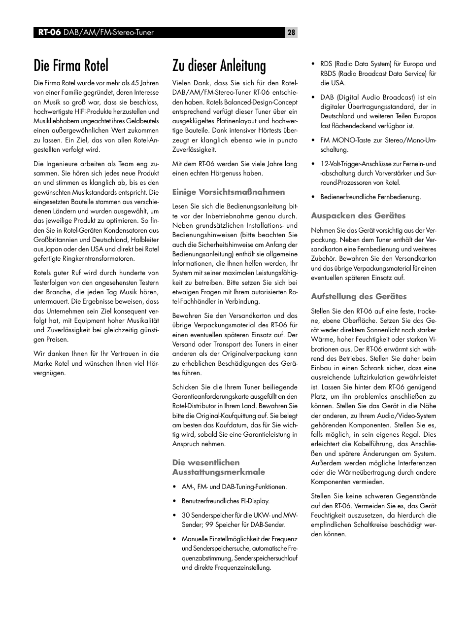 Die firma rotel, Zu dieser anleitung, Einige vorsichtsmaßnahmen | Die wesentlichen ausstattungsmerkmale, Auspacken des gerätes, Aufstellung des gerätes | ROTEL RT-06 User Manual | Page 28 / 89