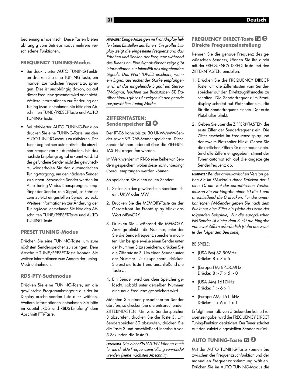 Frequency tuning-modus, Preset tuning-modus, Rds-pty-suchmodus | Zifferntasten: senderspeicher, Auto tuning-taste, Frequenzeinstellung auto tuning-taste | ROTEL RT-06 User Manual | Page 31 / 89