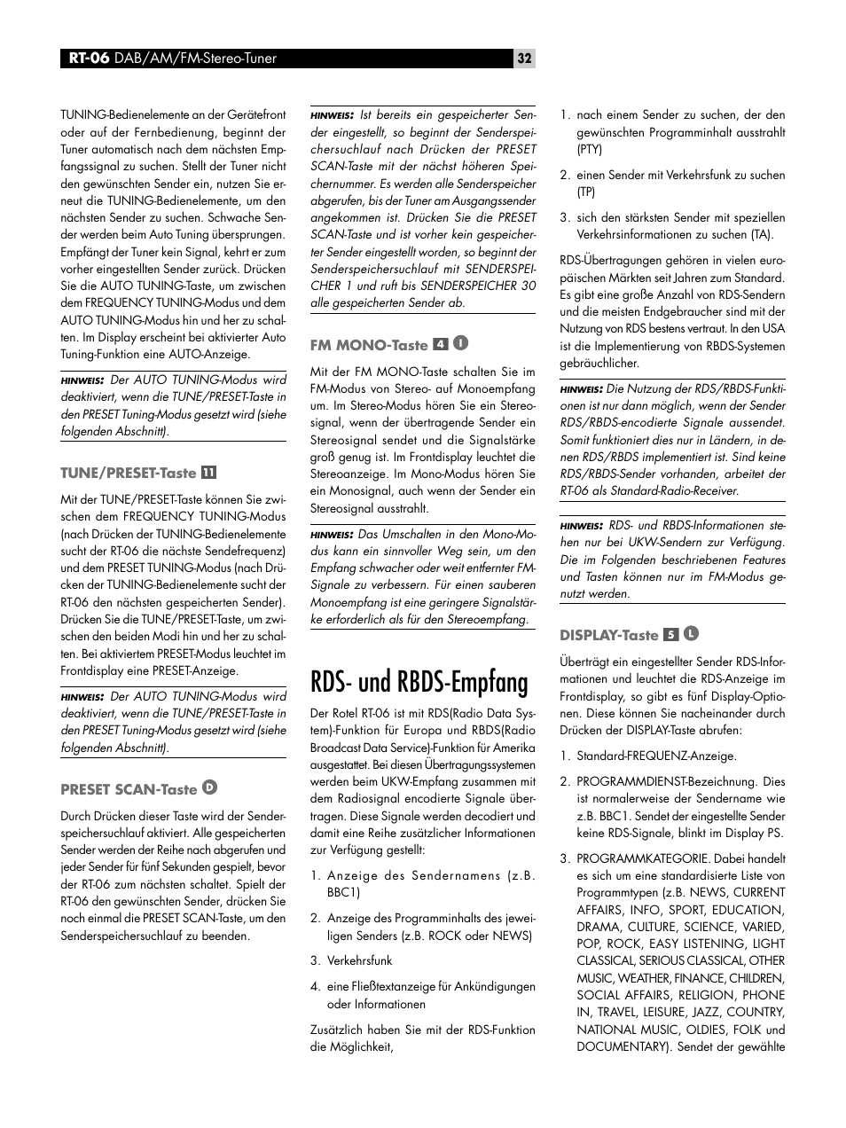 Tune/preset-taste, Preset scan-taste, Fm mono-taste | Rds- und rbds-empfang, Display-taste, Tune/preset-taste preset scan-taste fm mono-taste, Rds- und rbds-empfang display-taste | ROTEL RT-06 User Manual | Page 32 / 89