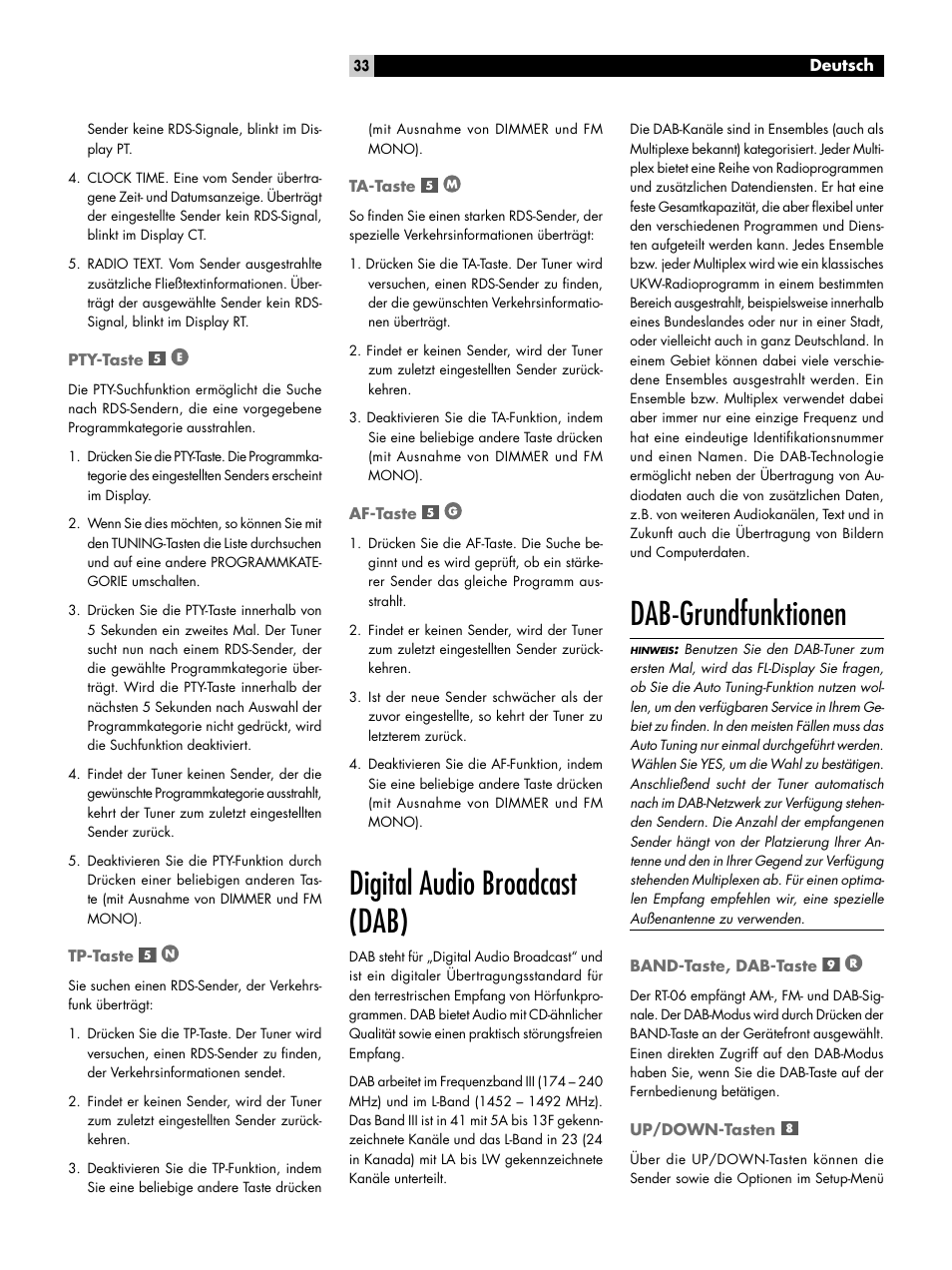 Pty-taste, Tp-taste, Ta-taste | Af-taste, Digital audio broadcast (dab), Dab-grundfunktionen, Band-taste, dab-taste, Up/down-tasten, Pty-taste tp-taste ta-taste af-taste | ROTEL RT-06 User Manual | Page 33 / 89