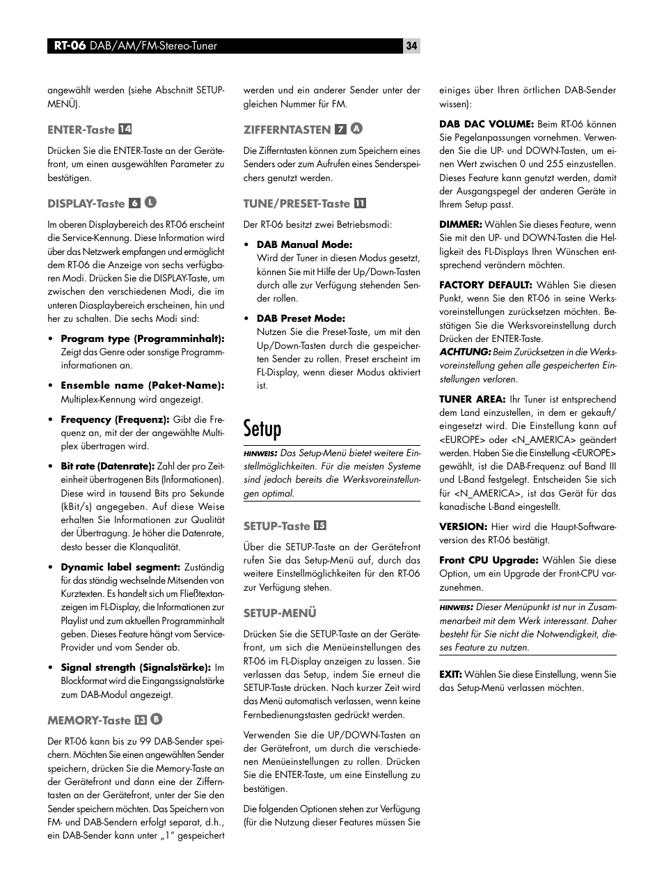 Enter-taste, Display-taste, Memory-taste | Zifferntasten, Tune/preset-taste, Setup, Setup-taste, Setup-menü, Setup setup-taste setup-menü | ROTEL RT-06 User Manual | Page 34 / 89