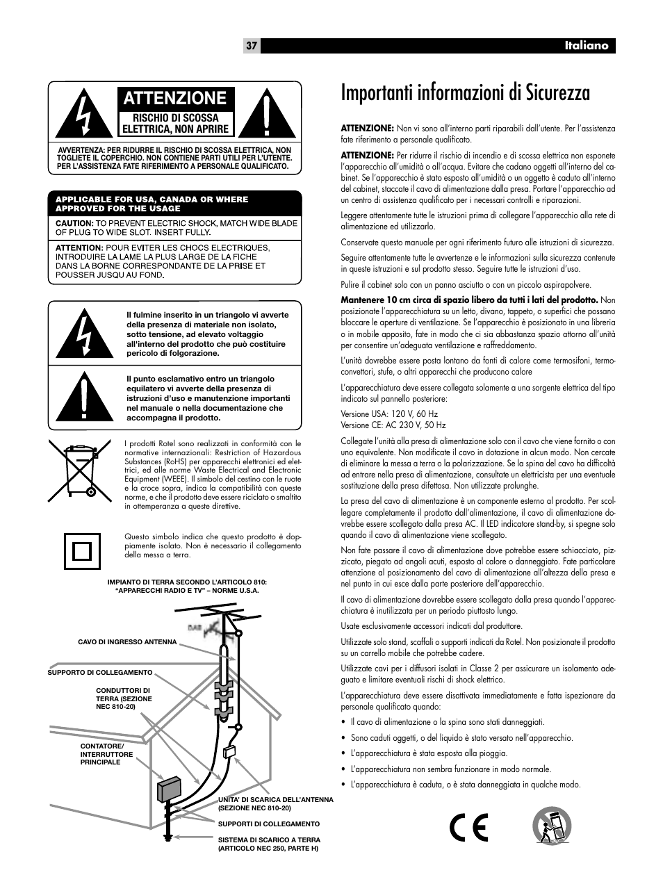 Importanti informazioni di sicurezza, Attenzione, Italiano | ROTEL RT-06 User Manual | Page 37 / 89