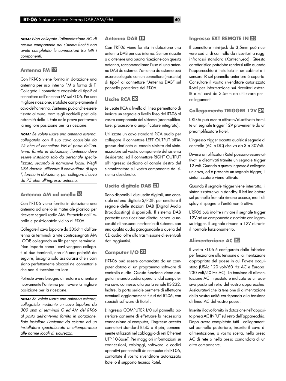 Antenna fm, Antenna am ad anello, Antenna dab | Uscite rca, Uscita digitale dab, Computer i/o, Ingresso ext remote in, Collegamento trigger 12v, Alimentazione ac | ROTEL RT-06 User Manual | Page 40 / 89