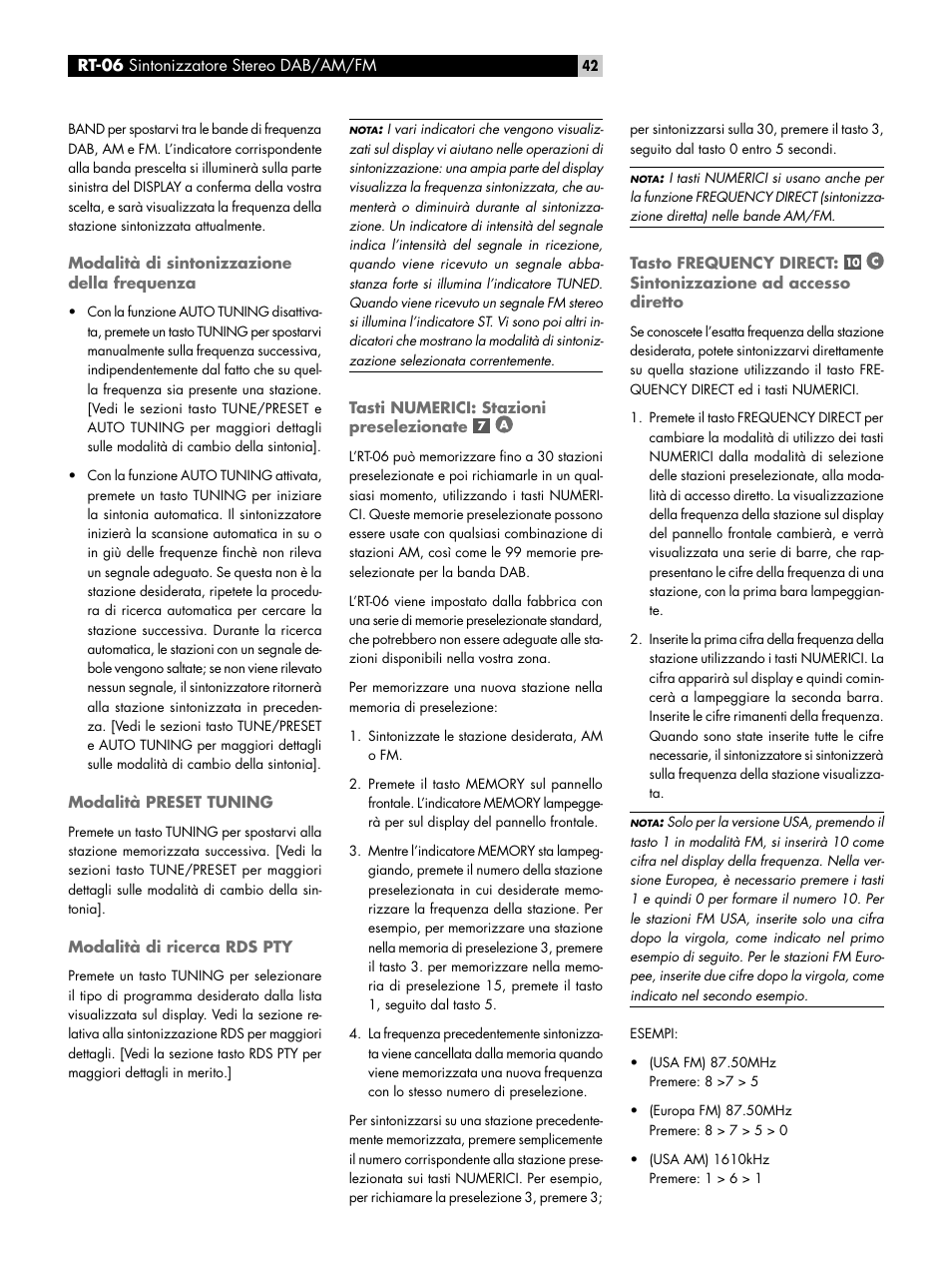 Modalità di sintonizzazione della frequenza, Modalità preset tuning, Modalità di ricerca rds pty | Tasti numerici: stazioni preselezionate, Sintonizzazione ad accesso diretto | ROTEL RT-06 User Manual | Page 42 / 89