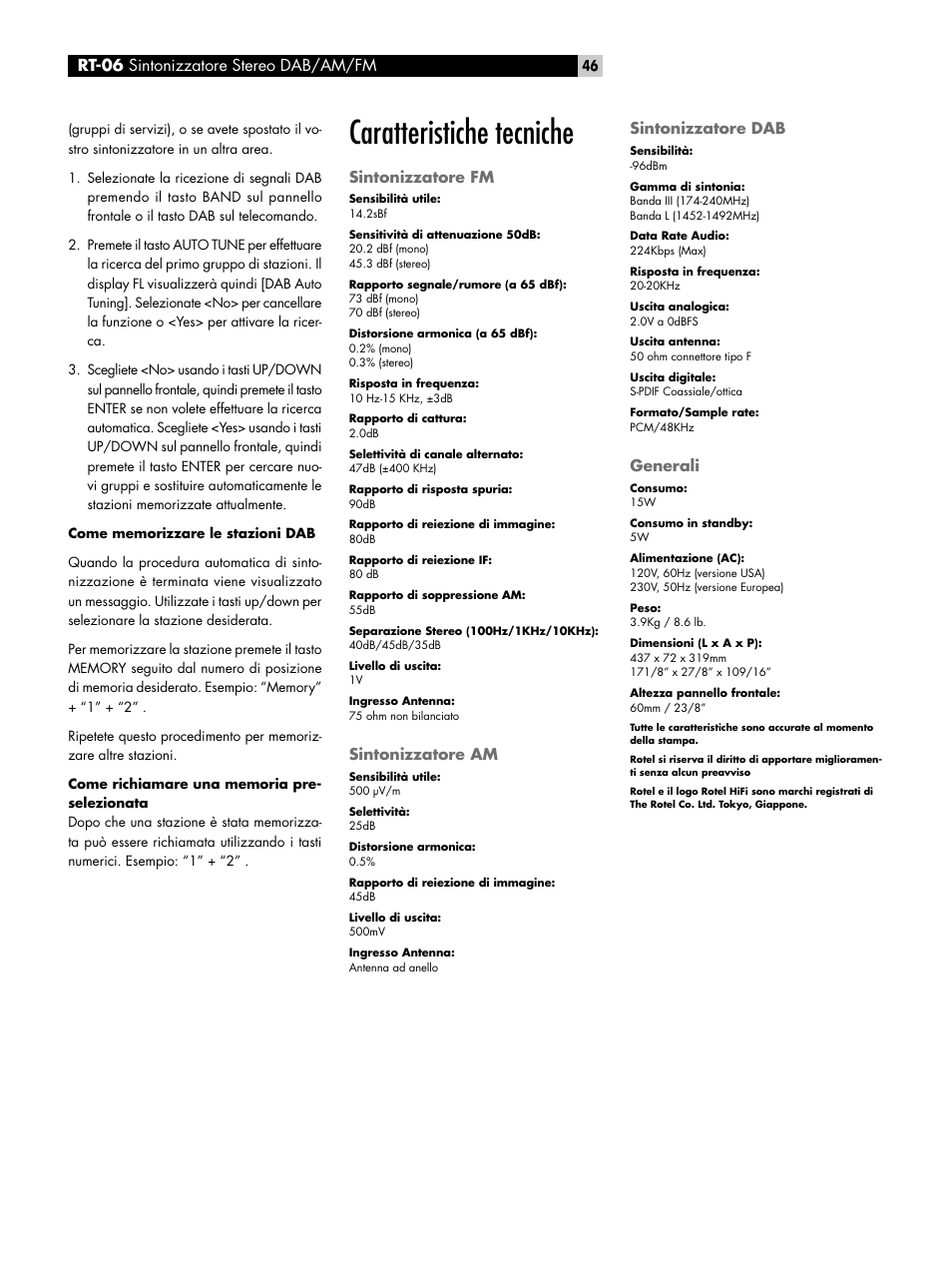 Caratteristiche tecniche, Sintonizzatore fm, Sintonizzatore am | Sintonizzatore dab, Generali, Rdv-1092, Rt-06 sintonizzatore stereo dab/am/fm | ROTEL RT-06 User Manual | Page 46 / 89