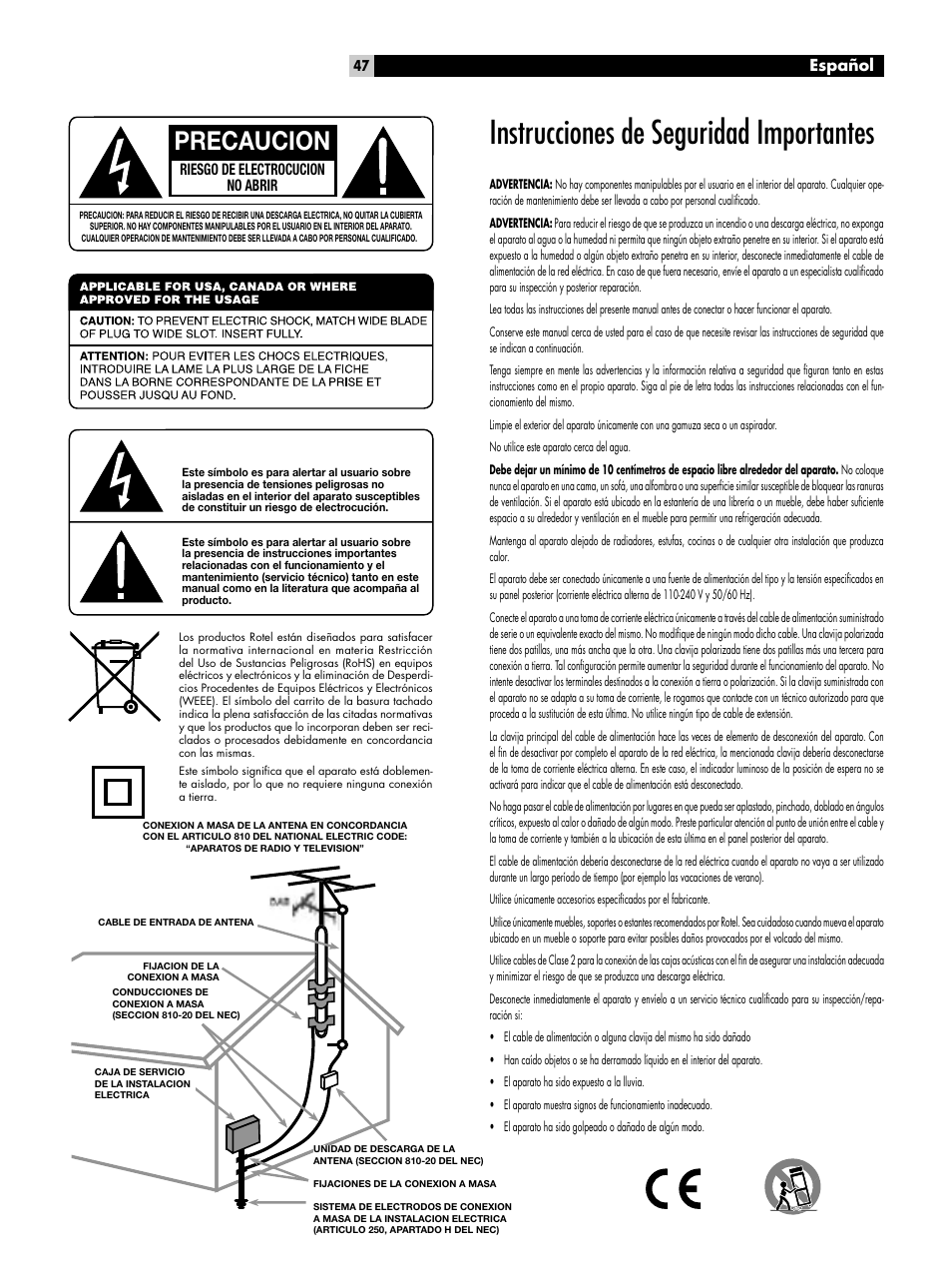 Instrucciones de seguridad importantes, Precaucion, Español | ROTEL RT-06 User Manual | Page 47 / 89