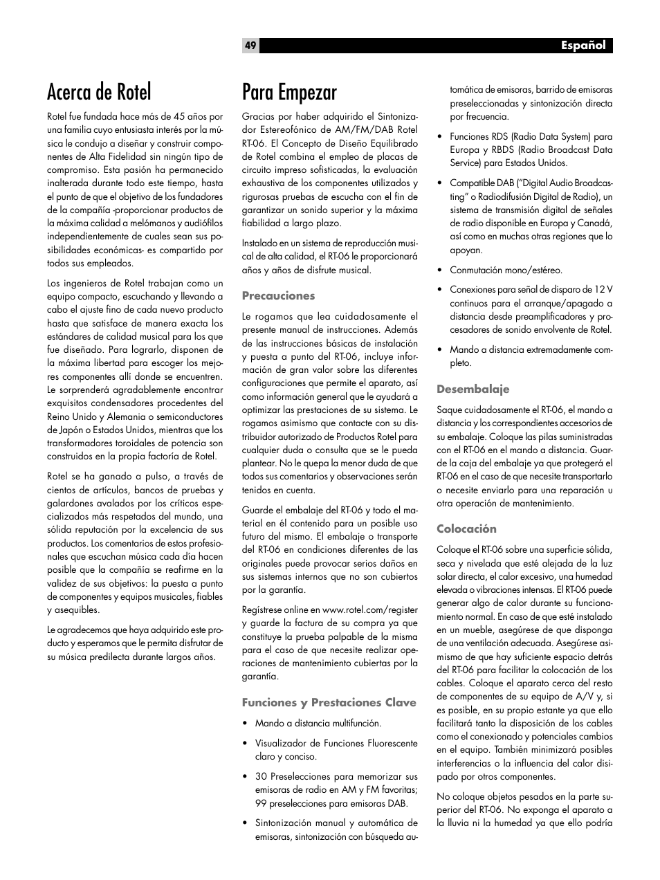 Acerca de rotel, Para empezar, Precauciones | Funciones y prestaciones clave, Desembalaje, Colocación | ROTEL RT-06 User Manual | Page 49 / 89