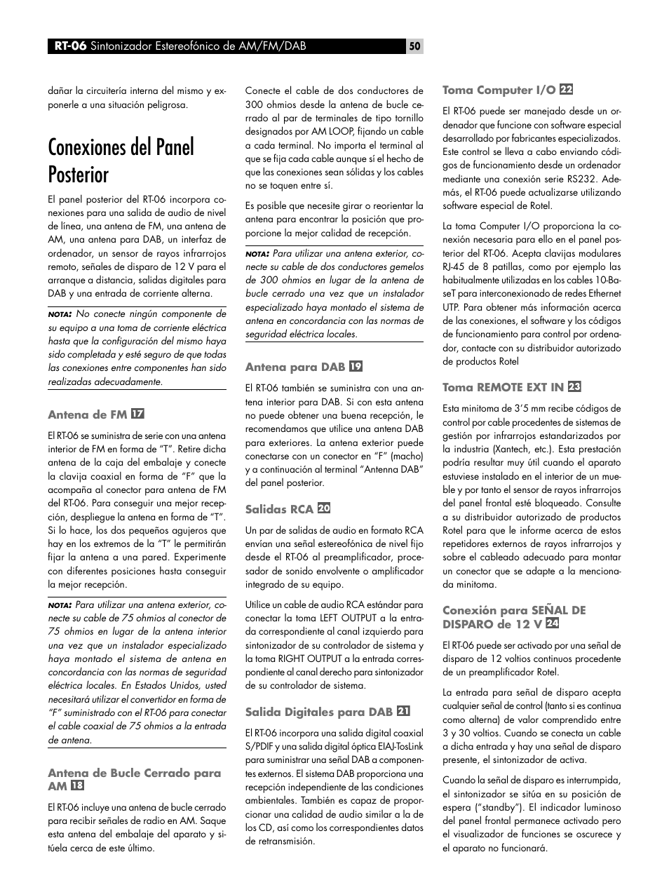 Conexiones del panel posterior, Antena de fm, Antena de bucle cerrado para am | Antena para dab, Salidas rca, Salida digitales para dab, Toma computer i/o, Toma remote ext in, Conexión para señal de disparo de 12 v | ROTEL RT-06 User Manual | Page 50 / 89