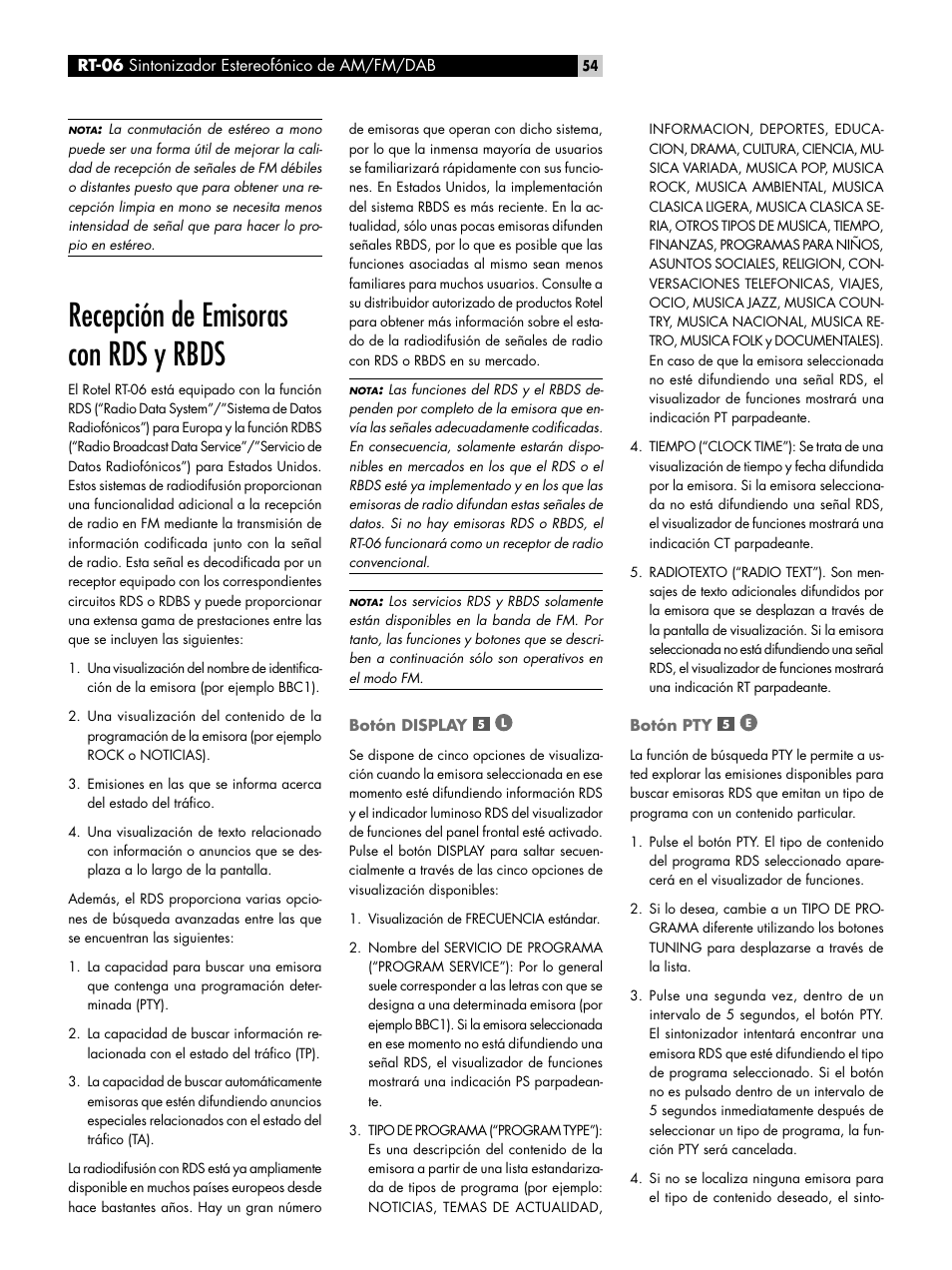 Recepción de emisoras con rds y rbds, Botón display, Botón pty | ROTEL RT-06 User Manual | Page 54 / 89