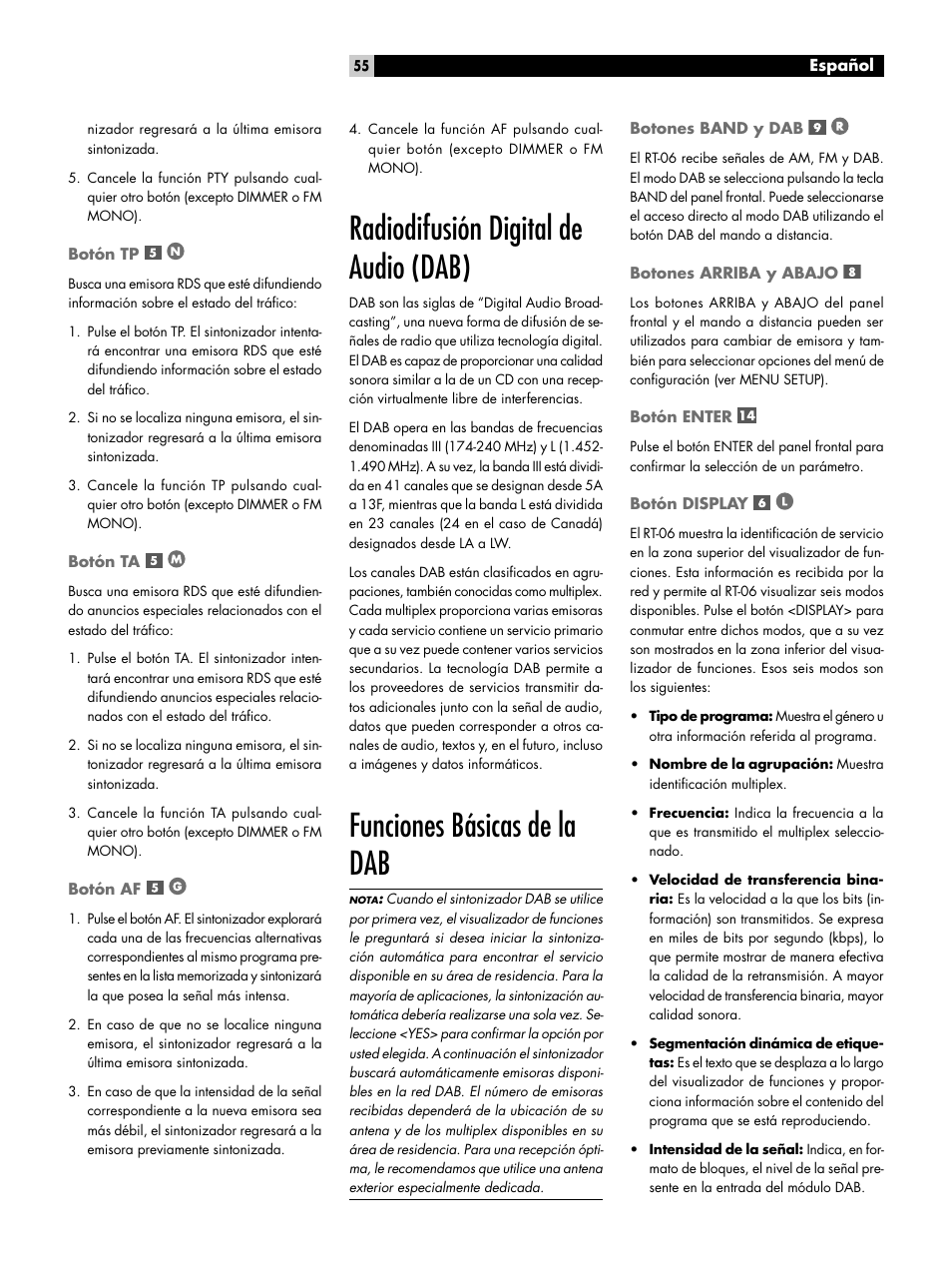 Botón tp, Botón ta, Botón af | Radiodifusión digital de audio (dab), Funciones básicas de la dab, Botones band y dab, Botones arriba y abajo, Botón enter, Botón display, Botón tp botón ta botón af | ROTEL RT-06 User Manual | Page 55 / 89