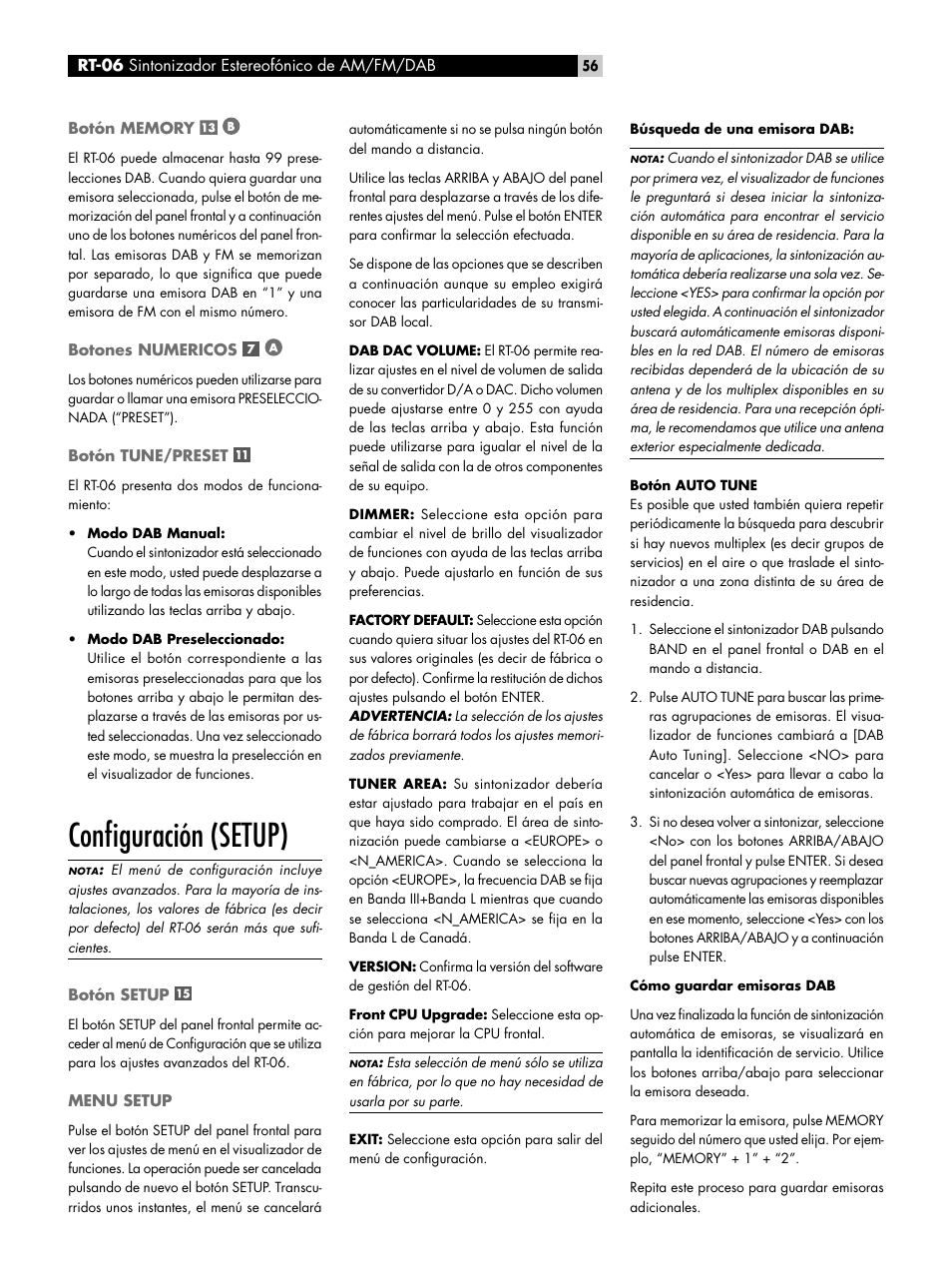 Botón memory, Botones numericos, Botón tune/preset | Configuración (setup), Botón setup, Menu setup, Botón memory botones numericos botón tune/preset, Conﬁguración (setup) botón setup, Conﬁguración (setup) | ROTEL RT-06 User Manual | Page 56 / 89