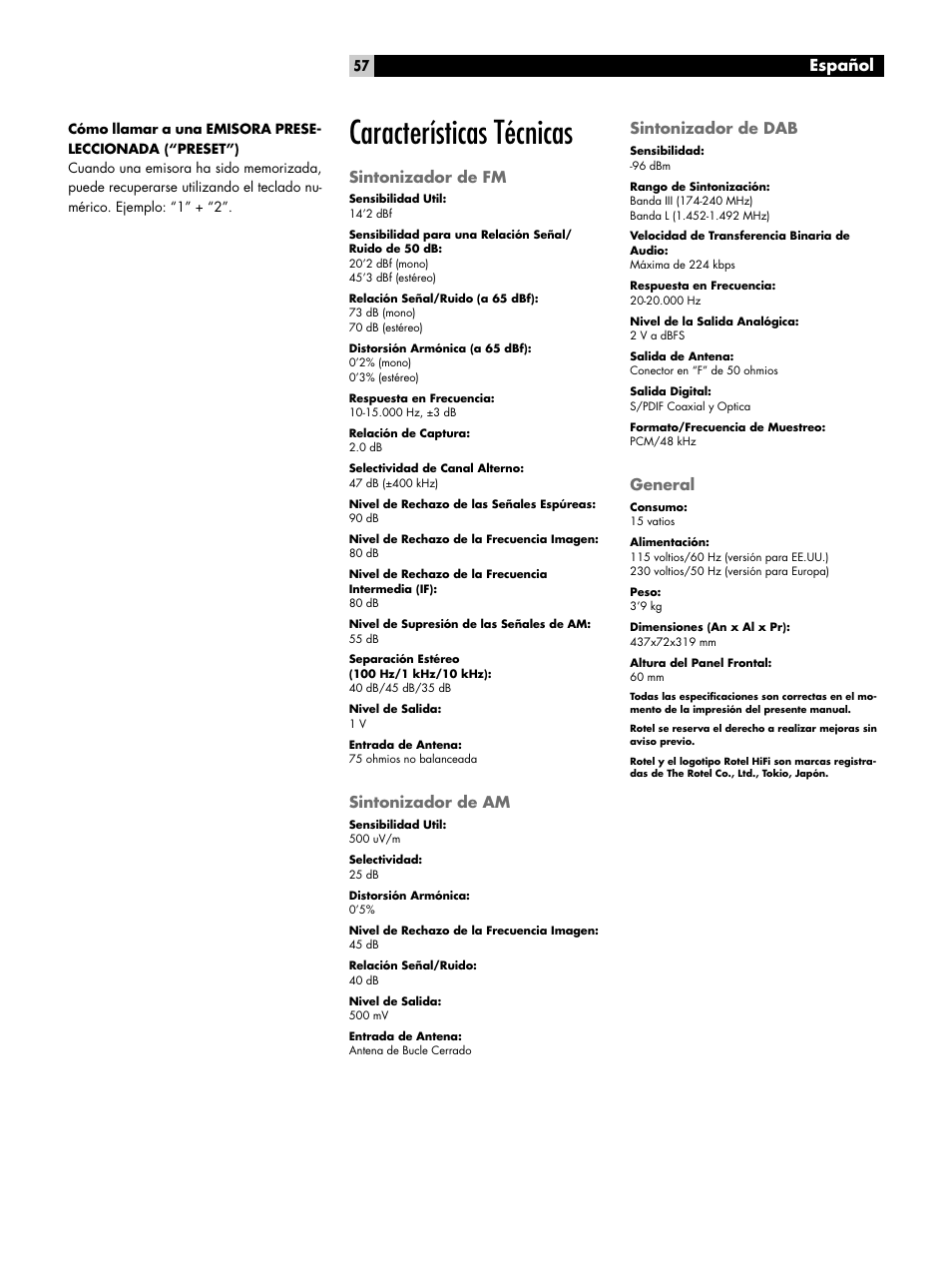 Características técnicas, Español | ROTEL RT-06 User Manual | Page 57 / 89
