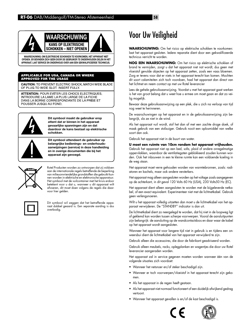 Voor uw veiligheid, Waarschuwing | ROTEL RT-06 User Manual | Page 58 / 89