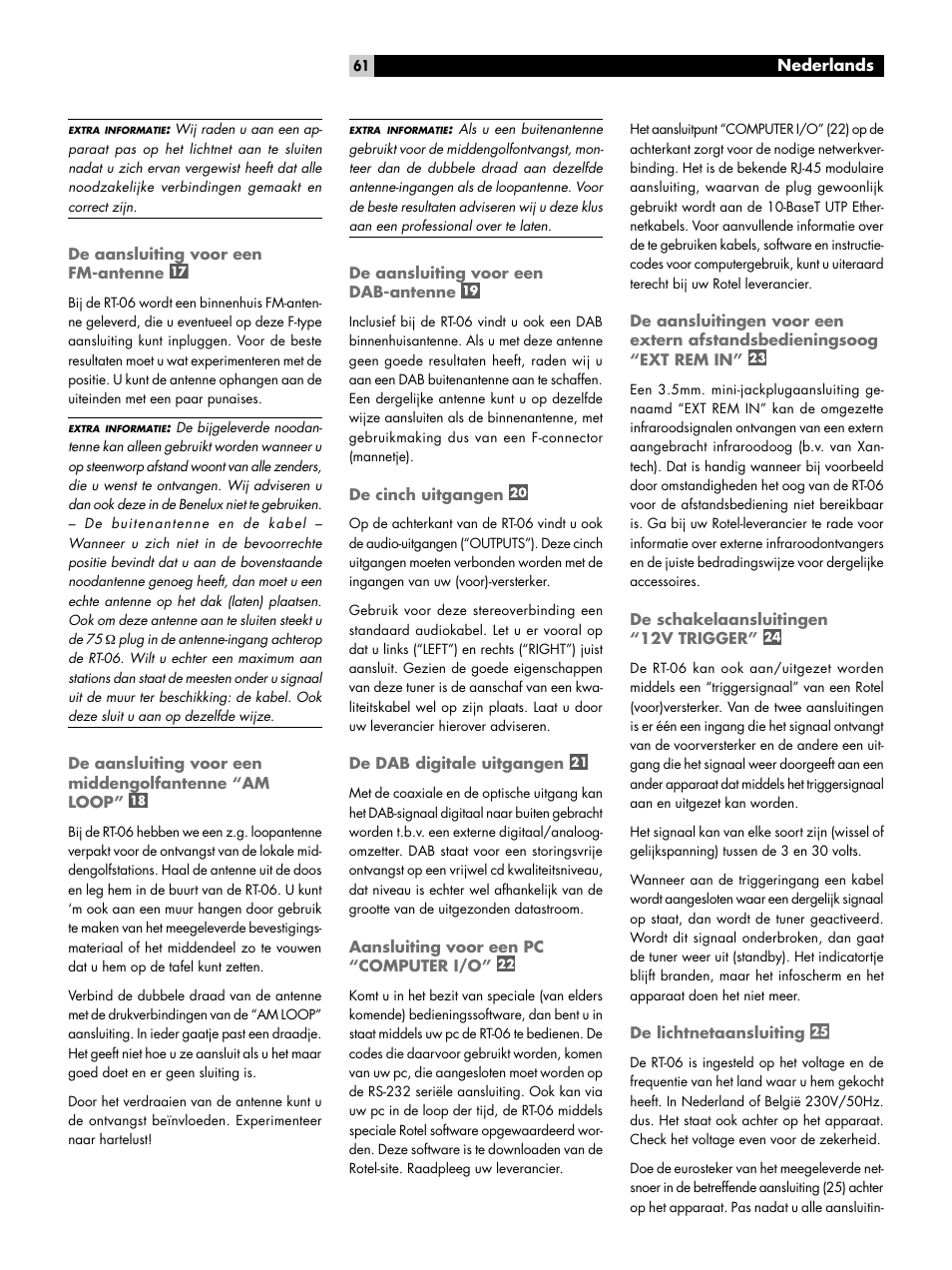 De aansluiting voor een fm-antenne, De aansluiting voor een middengolfantenne “am loop, De aansluiting voor een dab-antenne | De cinch uitgangen, De dab digitale uitgangen, Aansluiting voor een pc “computer i/o, De schakelaansluitingen “12v trigger, De lichtnetaansluiting | ROTEL RT-06 User Manual | Page 61 / 89