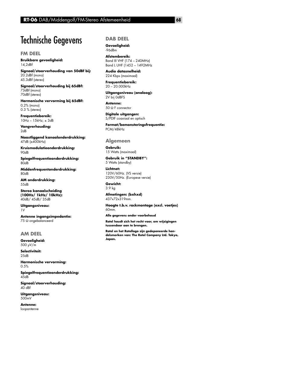 Technische gegevens, Rdv-1092, Rt-06 dab/middengolf/fm-stereo afstemeenheid | ROTEL RT-06 User Manual | Page 68 / 89