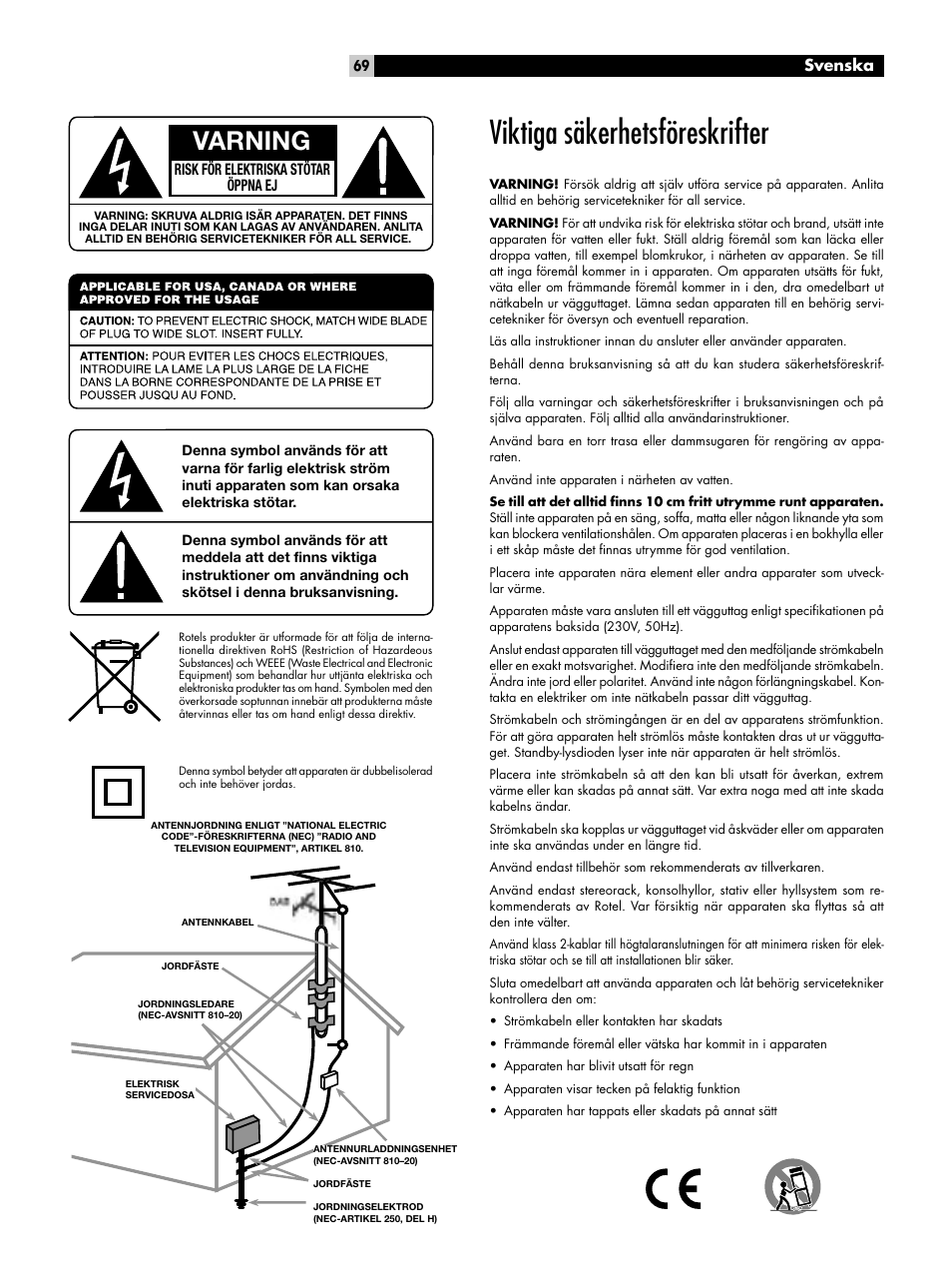 Viktiga säkerhetsföreskrifter, Varning, Svenska | ROTEL RT-06 User Manual | Page 69 / 89