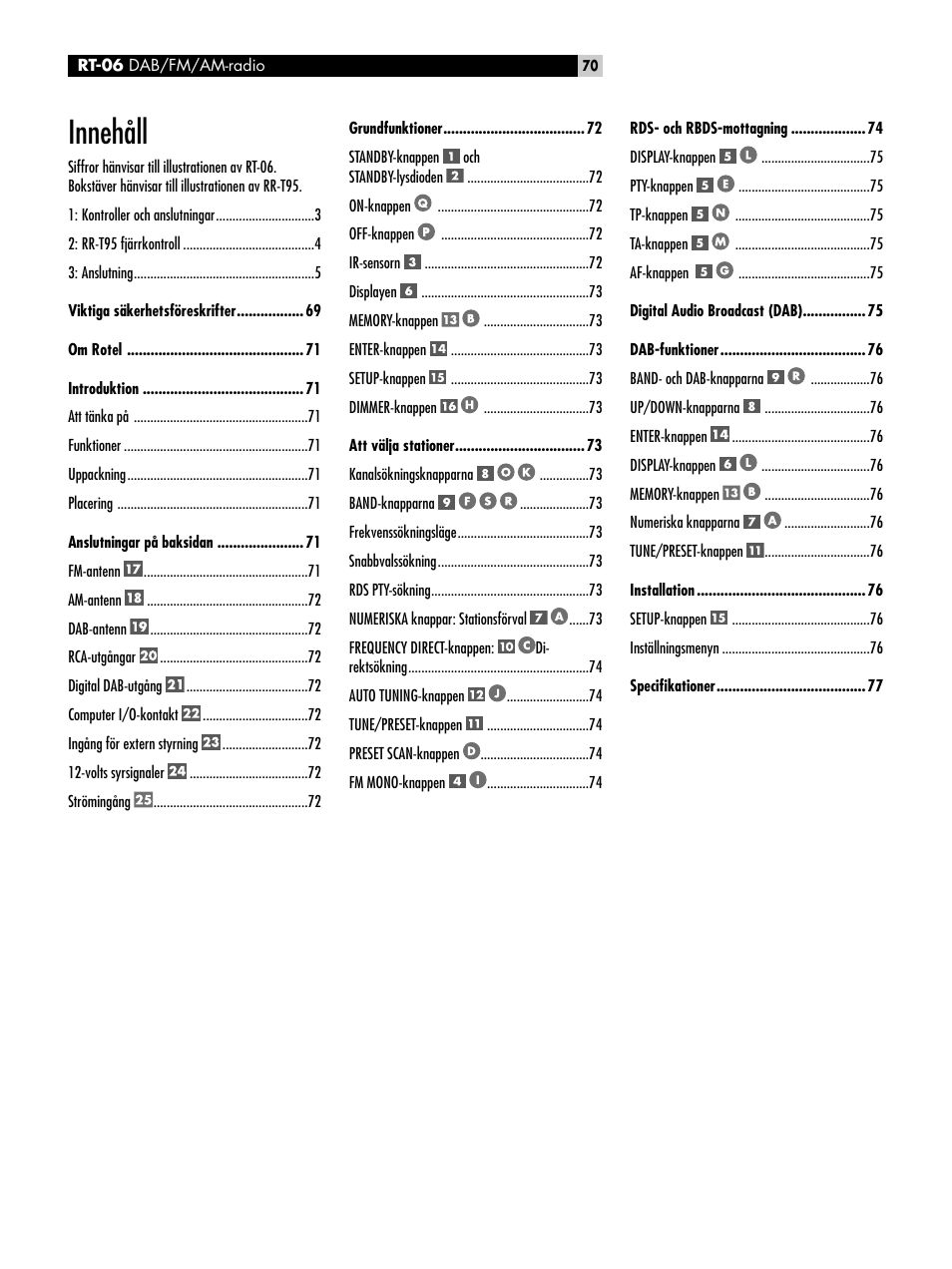 Innehåll | ROTEL RT-06 User Manual | Page 70 / 89
