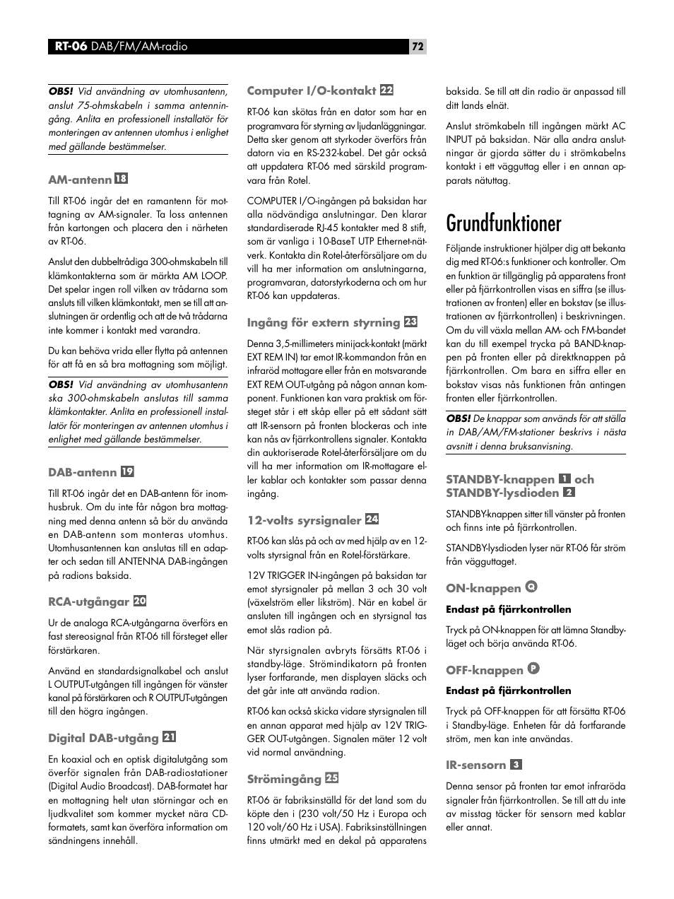 Am-antenn, Dab-antenn, Rca-utgångar | Digital dab-utgång, Computer i/o-kontakt, Ingång för extern styrning, Volts syrsignaler, Strömingång, Grundfunktioner, Standby-knappen ￼ och standby-lysdioden | ROTEL RT-06 User Manual | Page 72 / 89