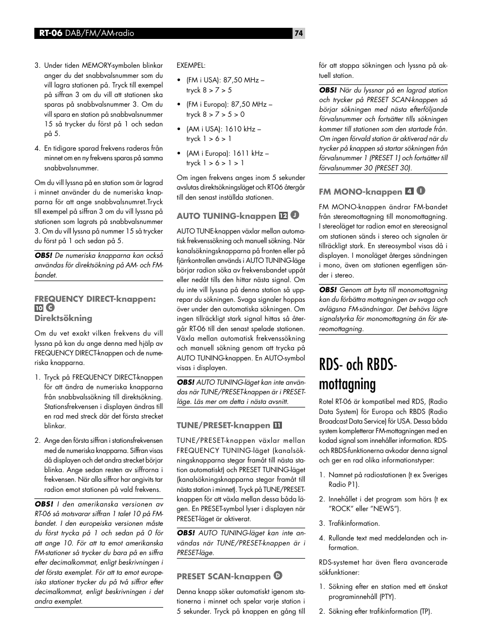 Frequency direct-knappen: ￼ ￼direktsökning, Auto tuning-knappen, Tune/preset-knappen | Preset scan-knappen, Fm mono-knappen, Rds- och rbds-mottagning, Frequency direct-knappen: di, Rds- och rbds- mottagning | ROTEL RT-06 User Manual | Page 74 / 89