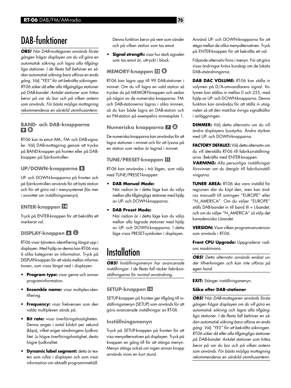Dab-funktioner, Band- och dab-knapparna, Up/down-knapparna | Enter-knappen, Display-knappen, Memory-knappen, Numeriska knapparna, Tune/preset-knappen, Installation, Setup-knappen | ROTEL RT-06 User Manual | Page 76 / 89