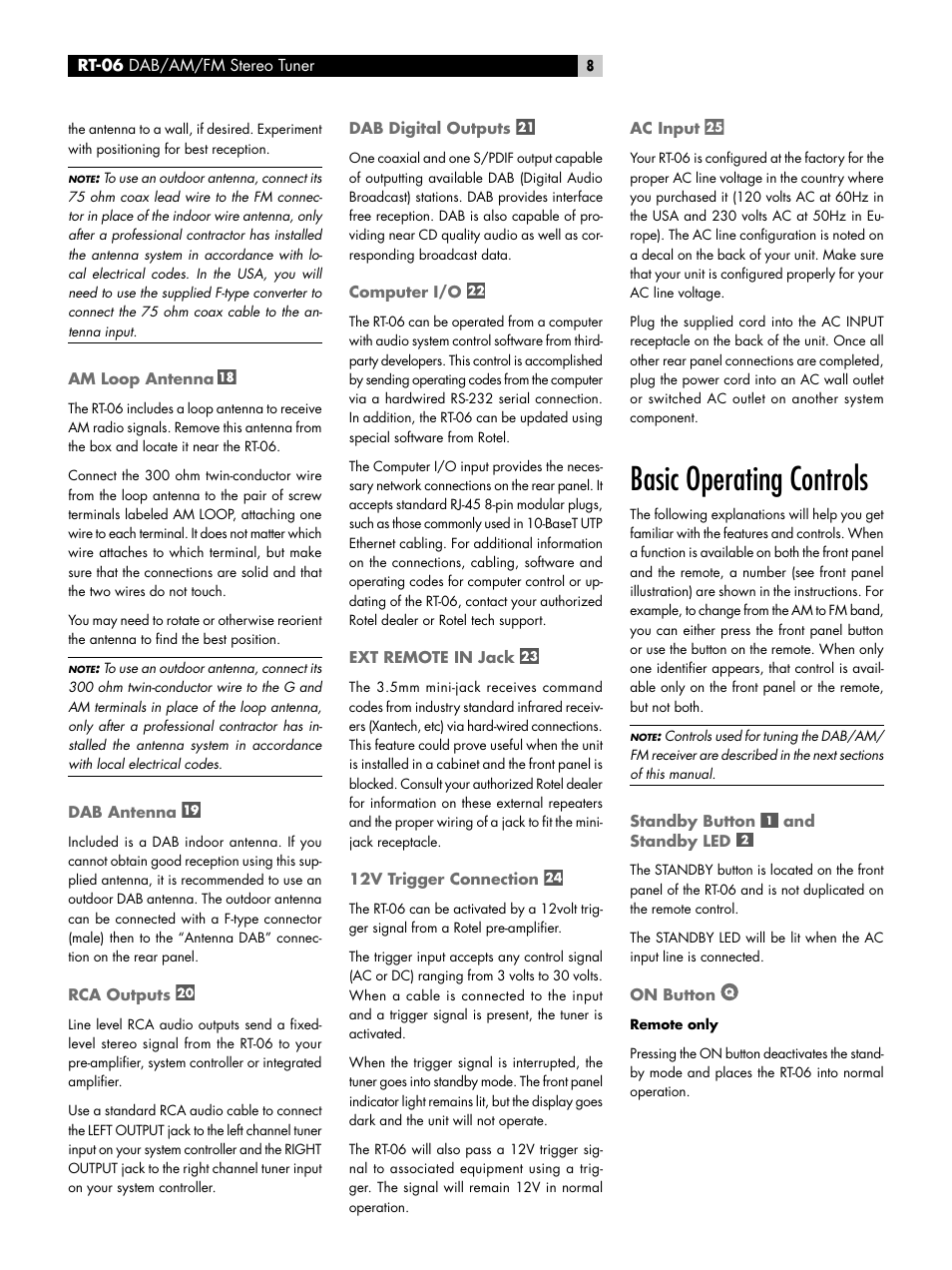 Am loop antenna, Dab antenna, Rca outputs | Dab digital output, Computer i/o, Ext remote in jack, 12v trigger connection, Ac input, Basic operating controls, Standby button ￼ and standby led | ROTEL RT-06 User Manual | Page 8 / 89