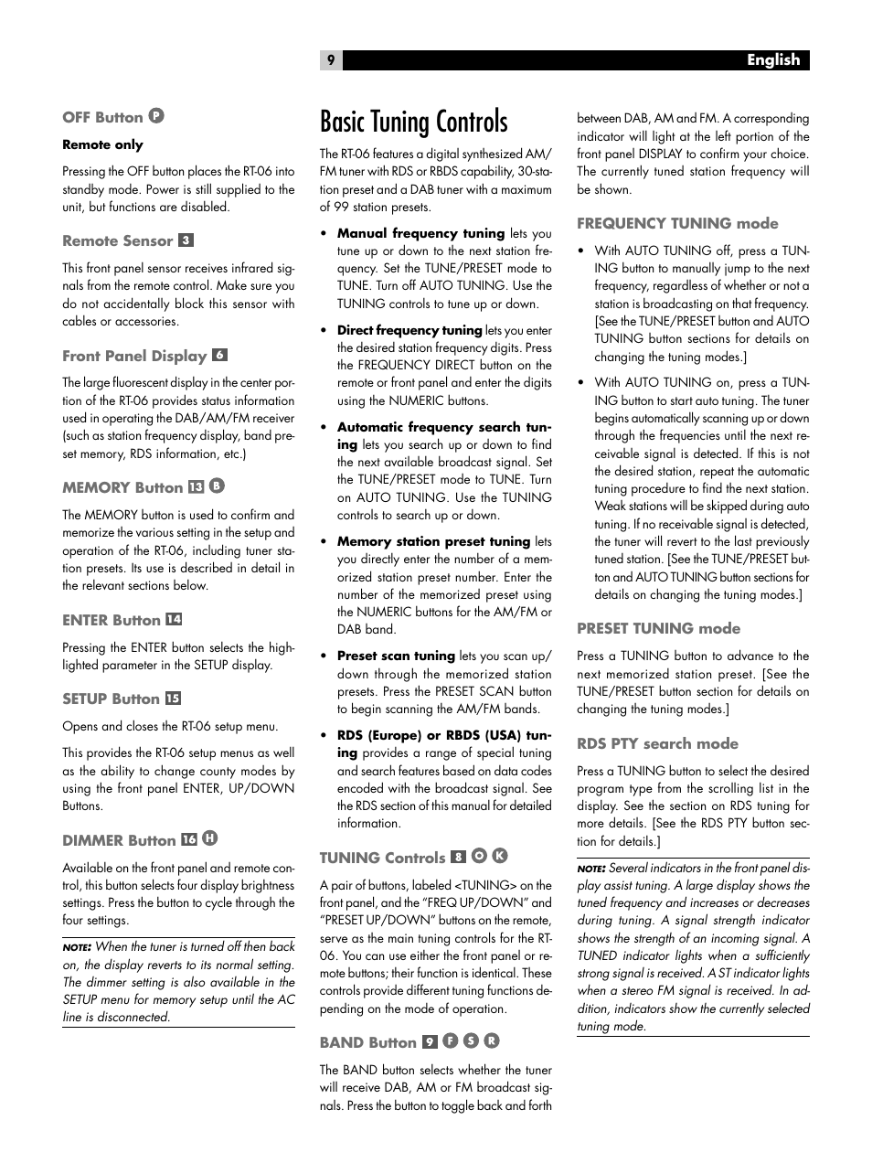 Off button, Remote sensor, Front panel display | Memory button, Enter button, Setup button, Dimmer button, Basic tuning controls, Tuning controls, Band button | ROTEL RT-06 User Manual | Page 9 / 89