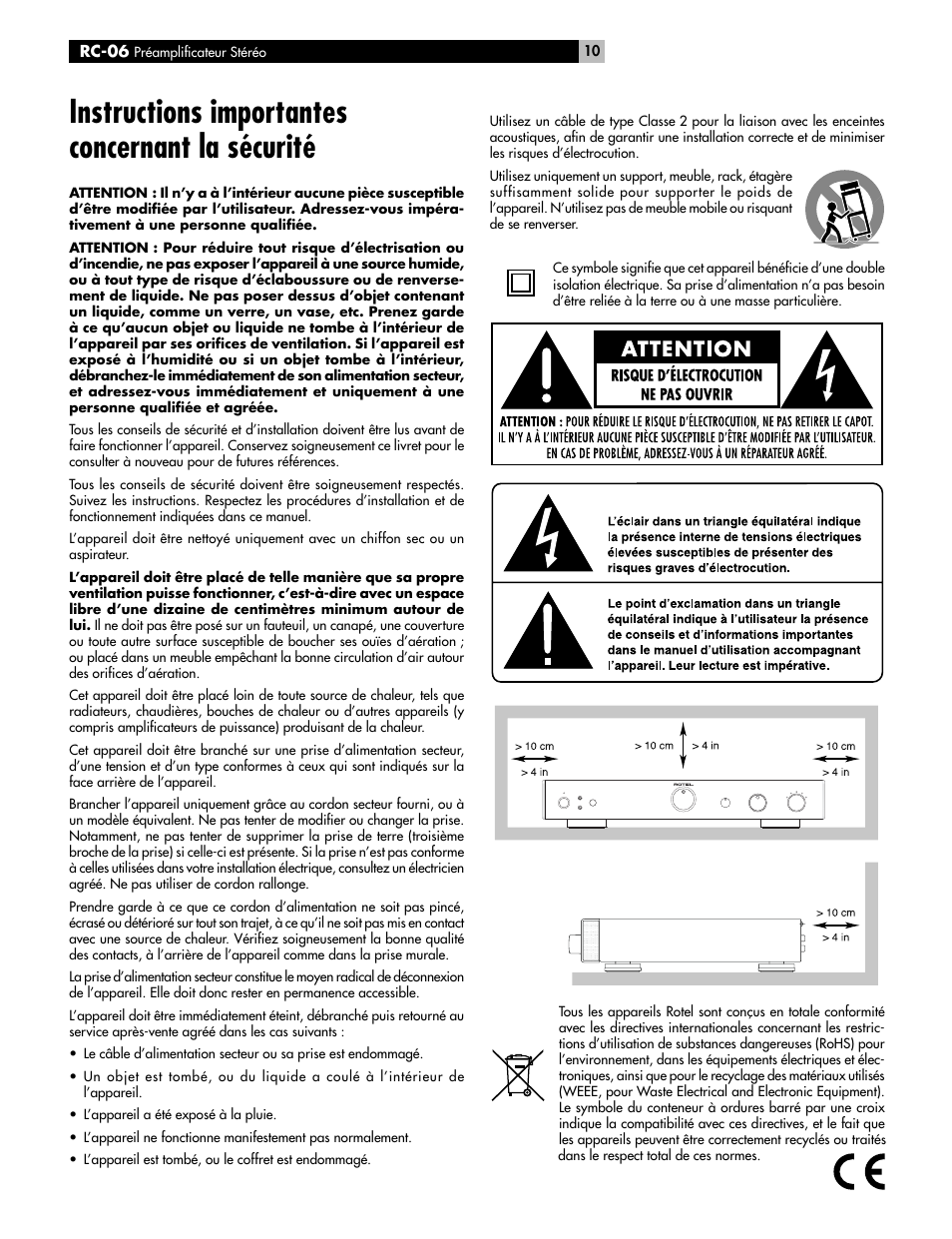 Instructions importantes concernant la sécurité | ROTEL RC-06 User Manual | Page 10 / 56