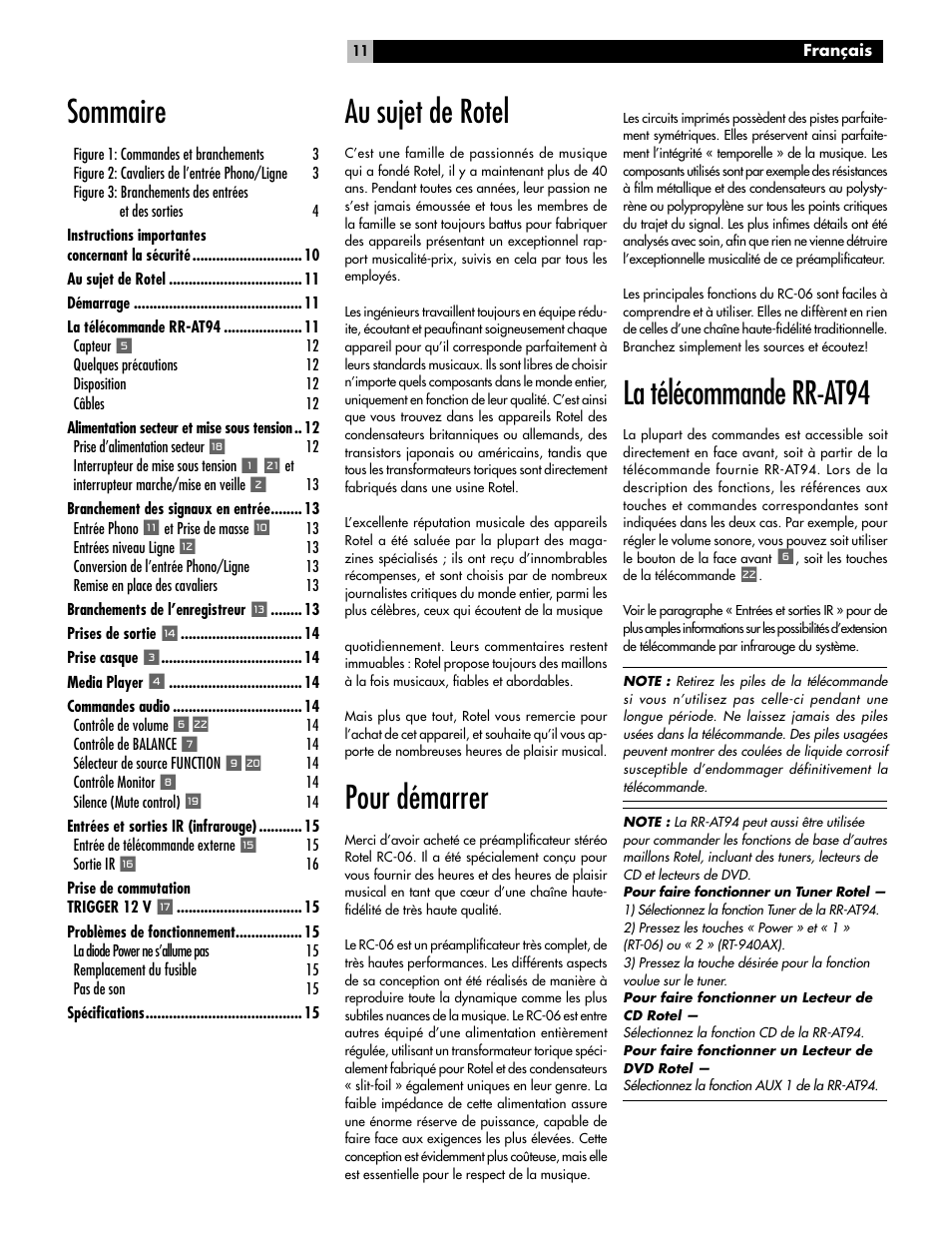 Au sujet de rotel, Pour démarrer, La télécommande rr-at94 | Sommaire | ROTEL RC-06 User Manual | Page 11 / 56