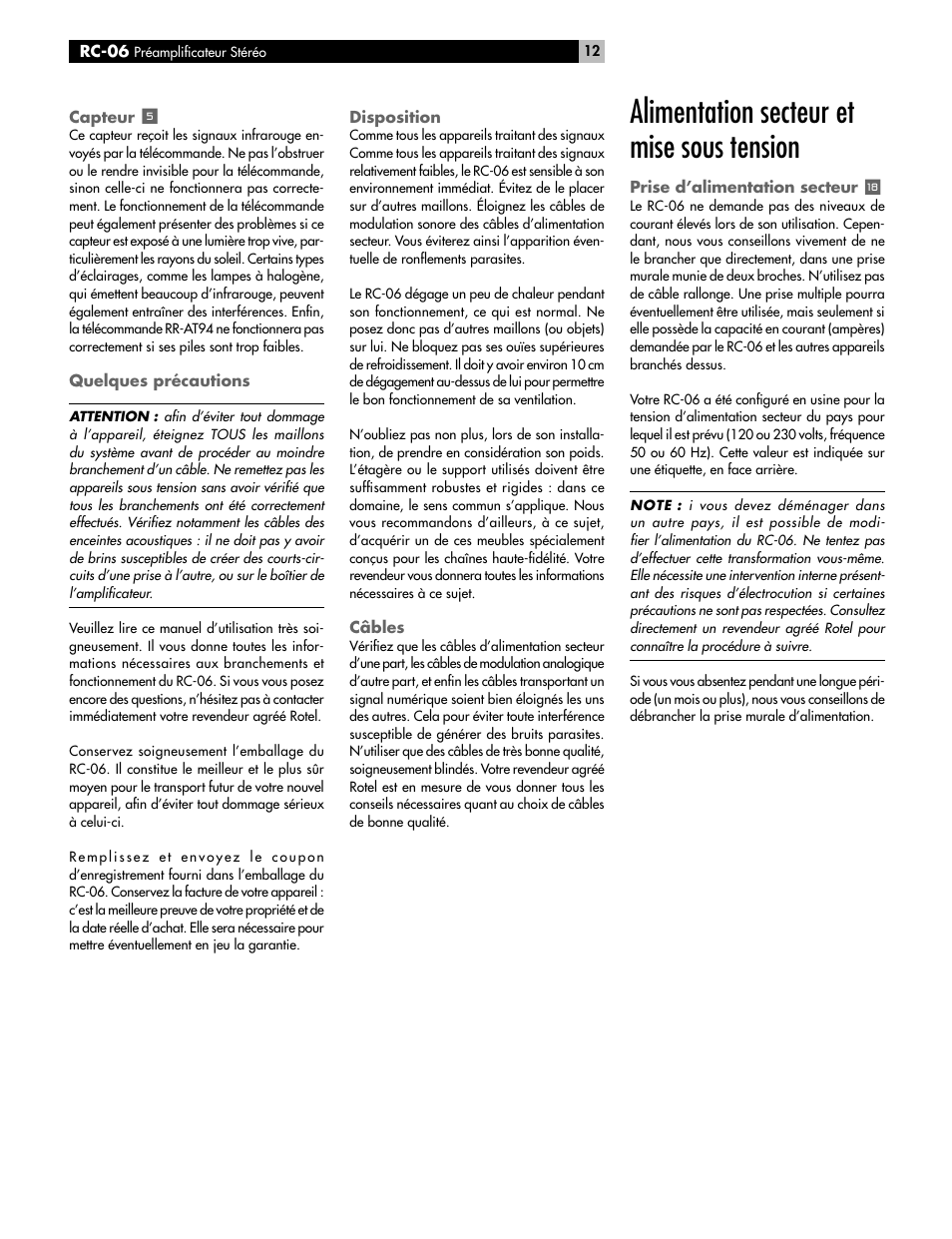 Alimentation secteur et mise sous tension | ROTEL RC-06 User Manual | Page 12 / 56