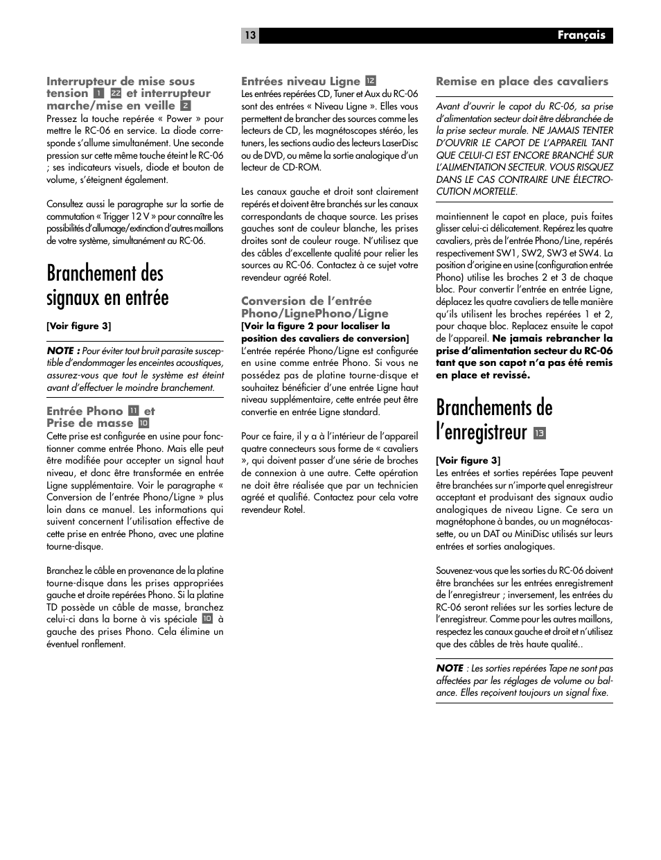 Branchement des signaux en entrée, Branchements de l’enregistreur | ROTEL RC-06 User Manual | Page 13 / 56