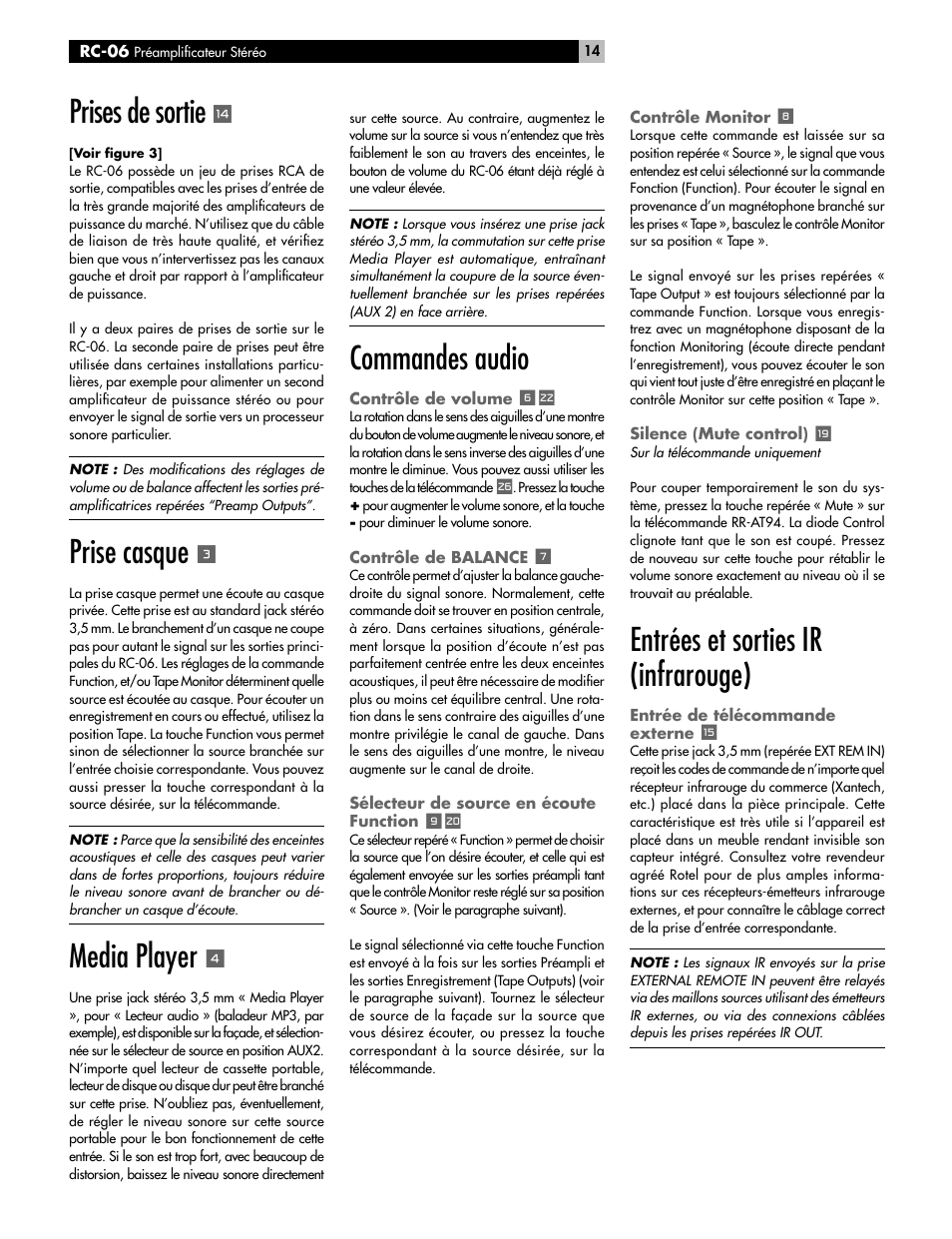 Prises de sortie, Prise casque, Media player | Commandes audio, Entrées et sorties ir (infrarouge) | ROTEL RC-06 User Manual | Page 14 / 56