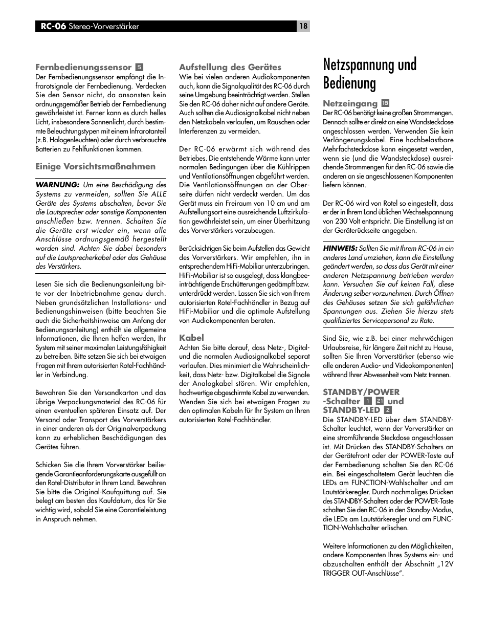 Netzspannung und bedienung | ROTEL RC-06 User Manual | Page 18 / 56