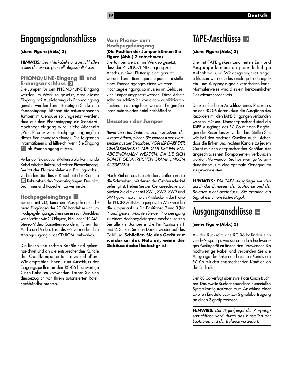 Eingangssignalanschlüsse, Tape-anschlüsse, Ausgangsanschlüsse | ROTEL RC-06 User Manual | Page 19 / 56