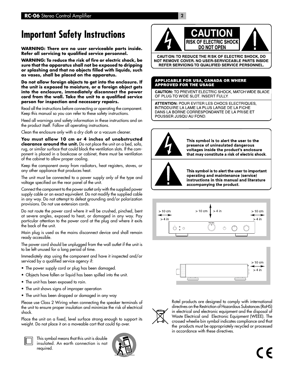 Important safety instructions | ROTEL RC-06 User Manual | Page 2 / 56