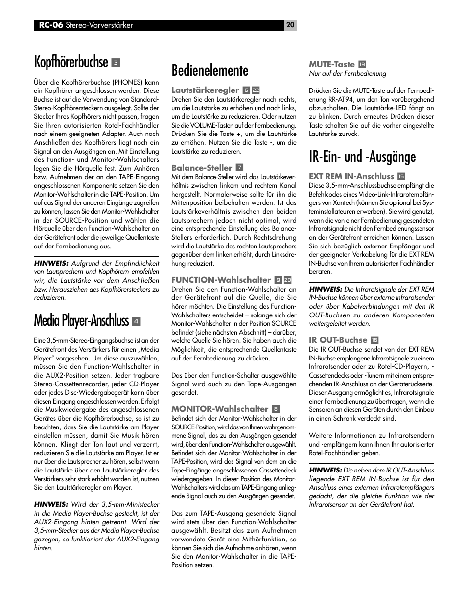 Kopfhörerbuchse, Media player-anschluss, Bedienelemente | Ir-ein- und -ausgänge | ROTEL RC-06 User Manual | Page 20 / 56
