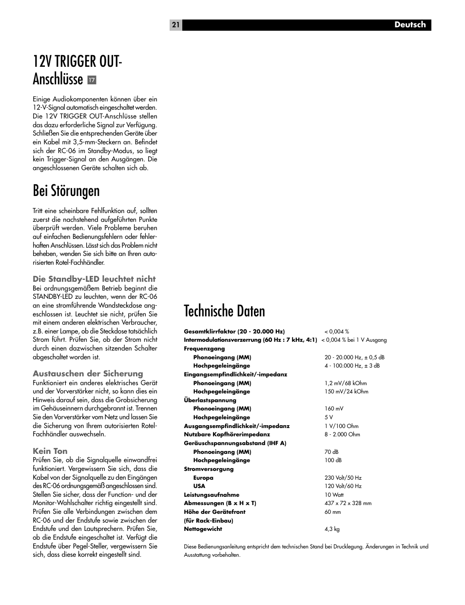 12v trigger out- anschlüsse, Bei störungen, Technische daten | Deutsch, Die standby-led leuchtet nicht, Austauschen der sicherung, Kein ton | ROTEL RC-06 User Manual | Page 21 / 56