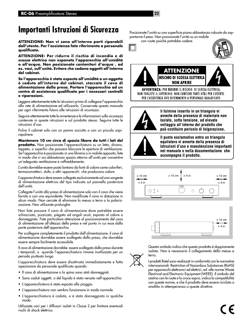 Importanti istruzioni di sicurezza | ROTEL RC-06 User Manual | Page 22 / 56