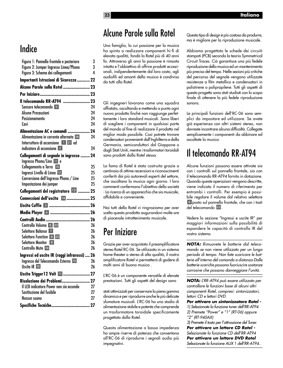 Alcune parole sulla rotel, Per iniziare, Il telecomando rr-at94 | Indice | ROTEL RC-06 User Manual | Page 23 / 56